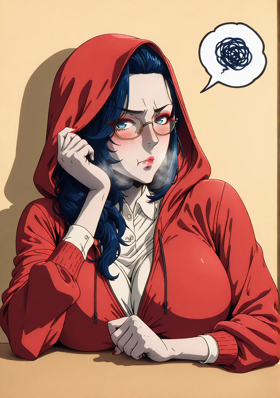  (imizu_(nitro_unknown)-style:1.3), (packge-style:1.4), (mana_(remana)-style:1.4), ((anatomical correct)), ((Cinematic, unreal engine, eye-catching, ambient occlusion, UHD, masterpiece)), ((perfect lighting, soft shadow)), perfect body, perfect eyes, perfect fingers, gasping, heavy breathing, gasping profusely, ((skindentation)), ((curvy)), miyoinbami, 1girl, pale skin, long hair, hair slicked back, ((dark-blue hair)), blue eyes, red eyeshadow, medium breasts, red nails,, plump, (mature female:1.5), 1girl, squiggle, spoken_squiggle, solo, glasses, pout, braid, yellow_background, blush, hoodie, looking_at_viewer, hood, simple_background, upper_body, :t, 