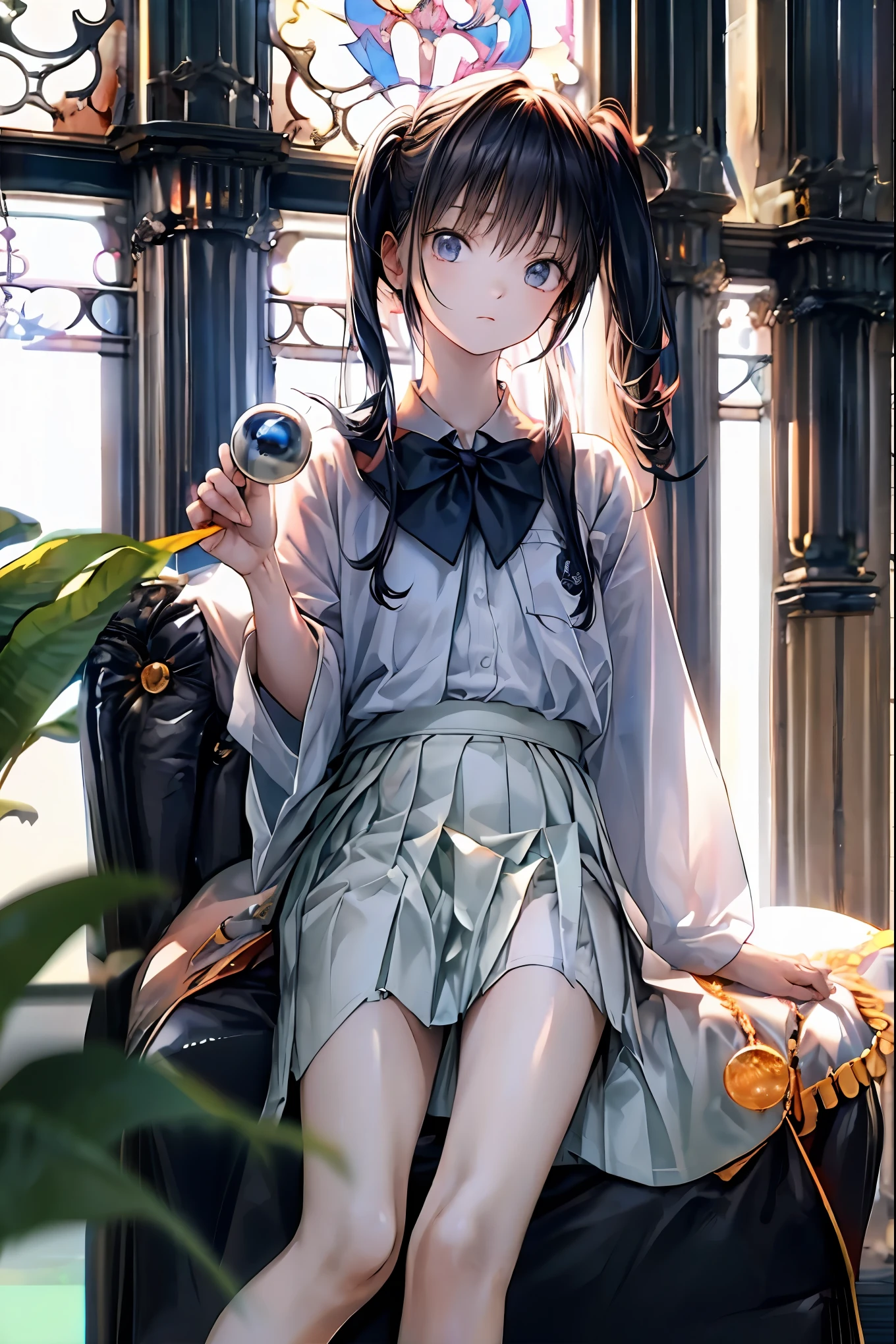 Highest Quality, face focus, soft lights, ultra high res, (photorealistic:1.4), Original Artwork,Japanese sword,Rose Assassin, Black rose, seen from above, solo, cute, (pupil, individual eye light), Motorcycle Rocket Cowl Modification, (Tiny Chest),(Human skin texture high resolution details), (Boro-Yado's Long Hair), Sit Couch, School Uniform, charcoal vest, skirt, (Upper Thigh)