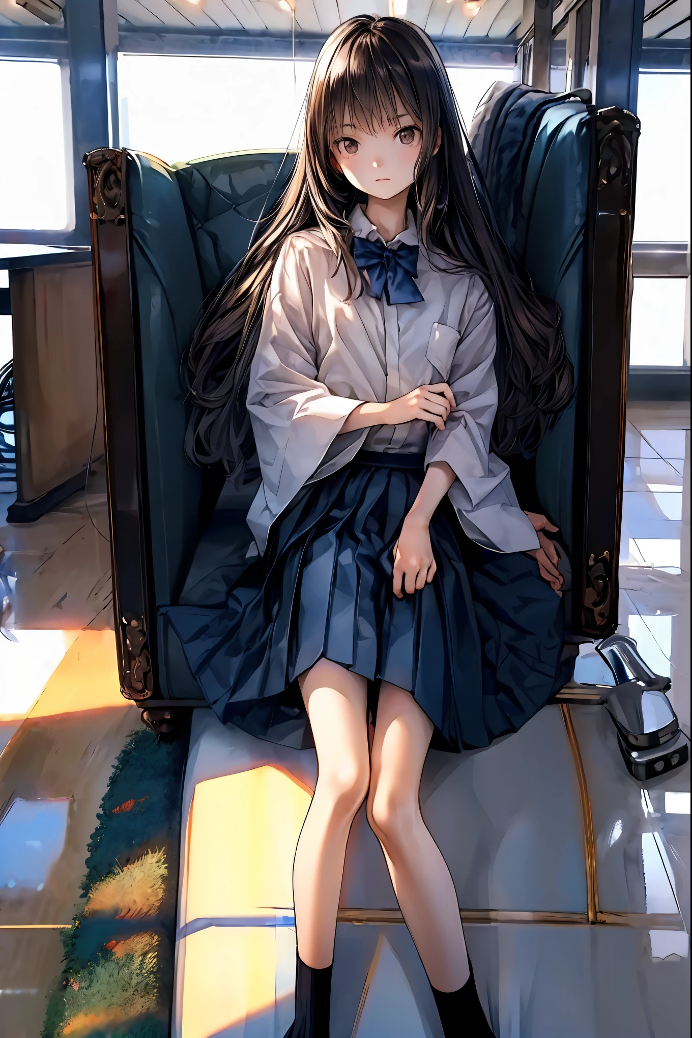 Highest Quality, face focus, soft lights, ultra high res, (photorealistic:1.4), Original Artwork,Japanese sword,Rose Assassin, Black rose, seen from above, solo, cute, (pupil, individual eye light), Motorcycle Rocket Cowl Modification, (Tiny Chest),(Human skin texture high resolution details), (Boro-Yado's Long Hair), Sit Couch, School Uniform, charcoal vest, skirt, (Upper Thigh)