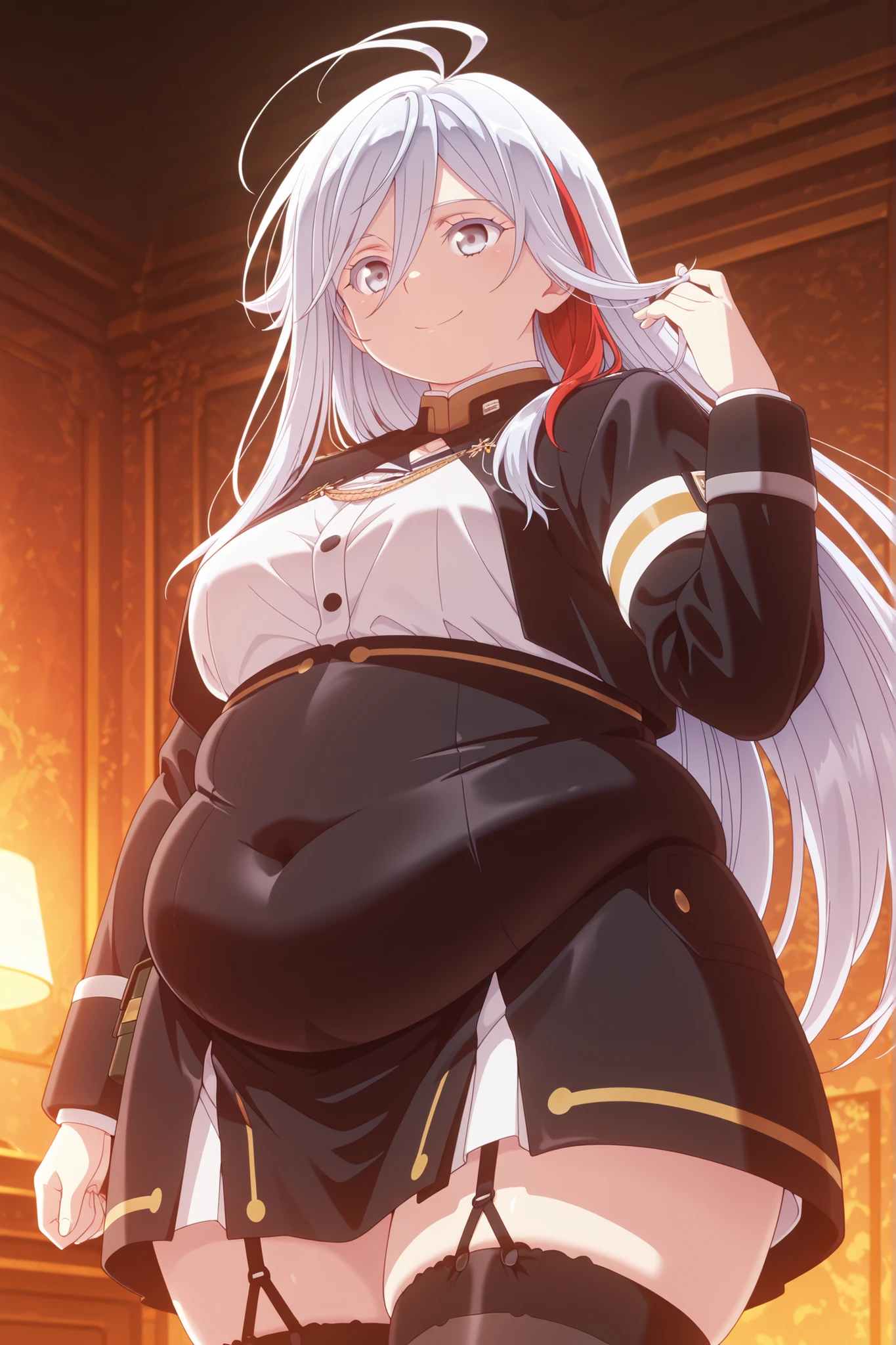 fat,obese,plump,WeightObese,score_9,score_8_up,score_7_up,extremely detailed,ultra-detailed,official art,professional lighting,masterpiece,top quality,great quality,very beautiful,absurd,latest,best quality,4K.1 girl,「86-EIGHTY-SIX」,Vladilena Milizé,silver long hair,ahoge,silver eyes,medium breasts,pretty.smile,black military uniform, garter straps, thighhighs, high-waist skirt, shirt, long sleeves, cropped jacket, zettai ryouiki,  red hair, multicolored hair, streaked hair,