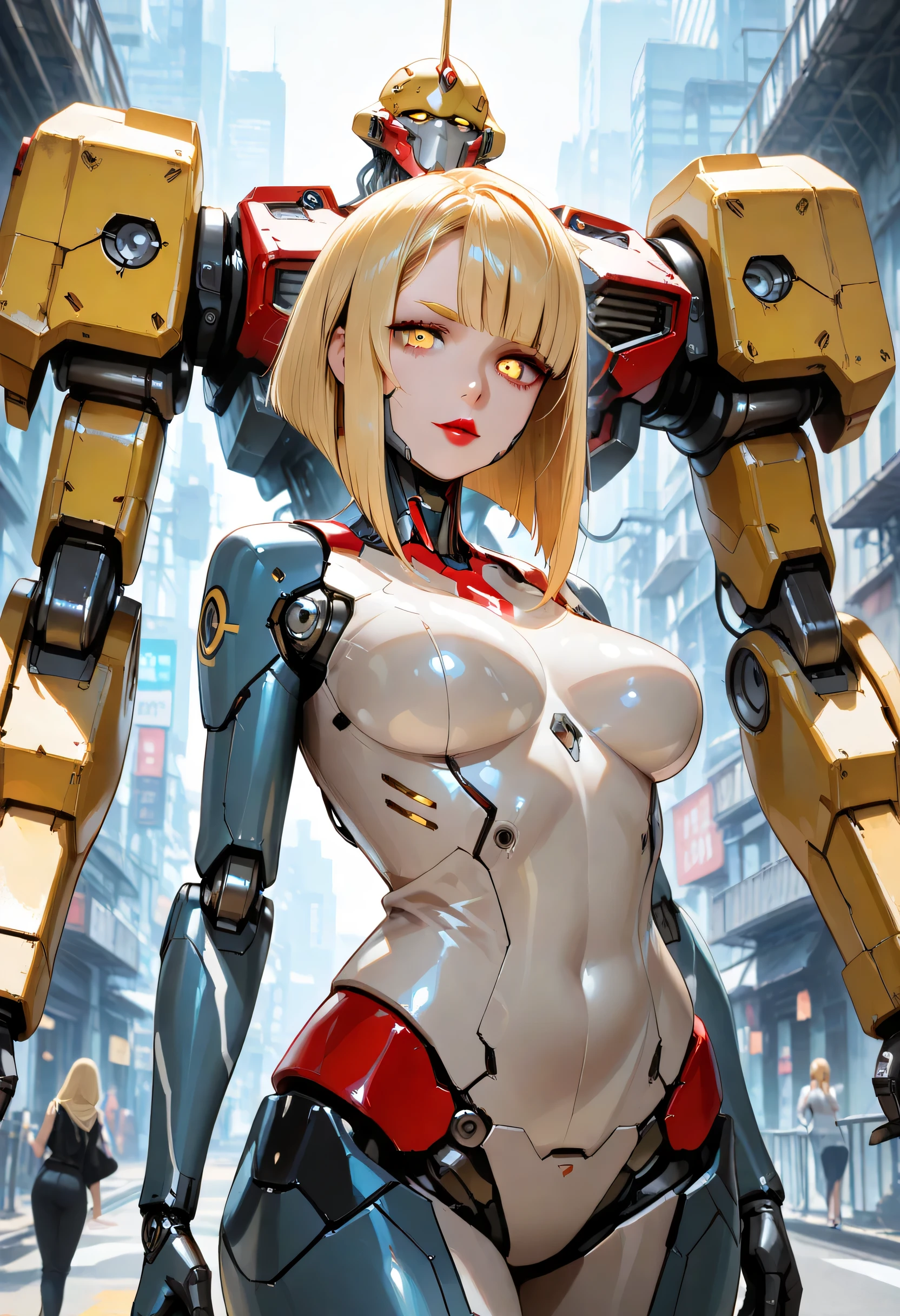 Perfect Face, Perfect Body, (Giant Robot Girl), Blonde Hair, (Long Bob Hair), Blond Thin Eyebrows, (Bionic Yellow Eyes), Red Lips, Beautiful Robot, (Medium Breasts, Perfect Breasts), (Body Mecha), Standing, (Looking At Viewer), (Cyberpunk City)
