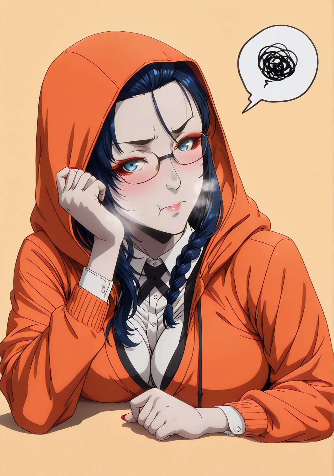 (lainart-style:1.2), (imizu_(nitro_unknown)-style:1.3), (packge-style:1.4), (mana_(remana)-style:1.4), ((anatomical correct)), ((Cinematic, unreal engine, eye-catching, ambient occlusion, UHD, masterpiece)), ((perfect lighting, soft shadow)), perfect body, perfect eyes, perfect fingers, gasping, heavy breathing, gasping profusely, ((skindentation)), ((curvy)), miyoinbami, 1girl, pale skin, long hair, hair slicked back, ((dark-blue hair)), blue eyes, red eyeshadow, medium breasts, red nails,, plump, (mature female:1.5), 1girl, squiggle, spoken_squiggle, solo, glasses, pout, braid, yellow_background, blush, hoodie, looking_at_viewer, hood, simple_background, upper_body, :t,