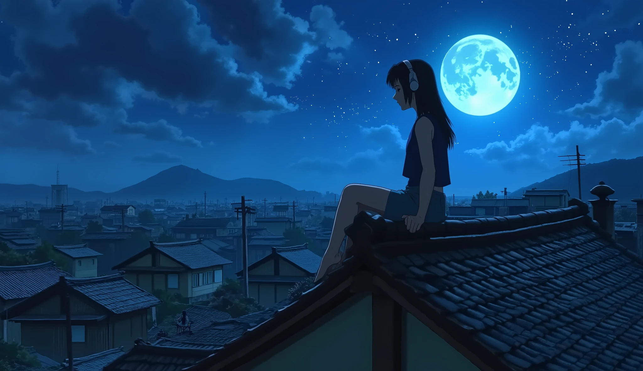 An illustration of a young woman sitting on the peak of a traditional Japanese tiled roof, at the triangular ridge, in a quiet 1980s Showa-era residential neighborhood at night. She is wearing headphones, eyes gently closed, listening to music. The starry sky above glows with a bright blue full moon, illuminating her figure softly with a dreamy, nostalgic light. The houses below are old-fashioned wooden homes with tiled roofs, no modern buildings, spreading out silently in the dim night. The scene is calm, cinematic, and atmospheric, filled with a lo-fi anime aesthetic and nostalgic 1980s Showa vibe. The woman is depicted with natural, harmonious proportions, in an anatomically correct pose, her figure softly glowing under the blue moonlight. The style is illustration, anime-inspired, digital painting, with soft shading and a nostalgic color palette.