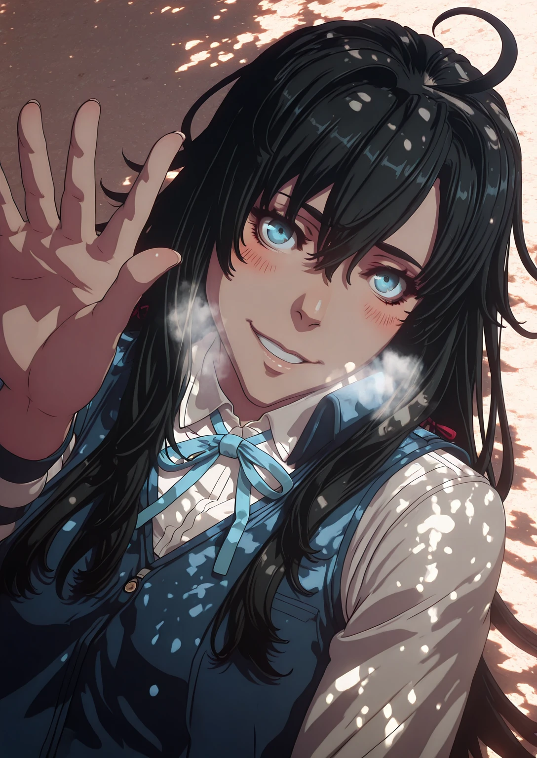 Ggstduel, (anime coloring, anime screencap), shiny skin, (lainart-style:1.2), (imizu_(nitro_unknown)-style:1.3), (packge-style:1.4), (mana_(remana)-style:1.4), ((anatomical correct)), ((Cinematic, unreal engine, eye-catching, ambient occlusion, UHD, masterpiece)), ((perfect lighting, dappled sunlight, soft shadow)), perfect body, perfect eyes, perfect fingers, gasping, heavy breathing, gasping profusely, ((skindentation)), ((curvy)), yukino yukinoshita, black hair, blue eyes, long hair, ahoge, ((flat chest)), ((mature female)), plump, 1girl, solo, smile, ribbon, vest, blush, looking_at_viewer, shirt, school_uniform, long_sleeves, reaching_towards_viewer, neck_ribbon, white_shirt, nijigasaki_academy_school_uniform, blurry, blue_vest, blue_ribbon, upper_body