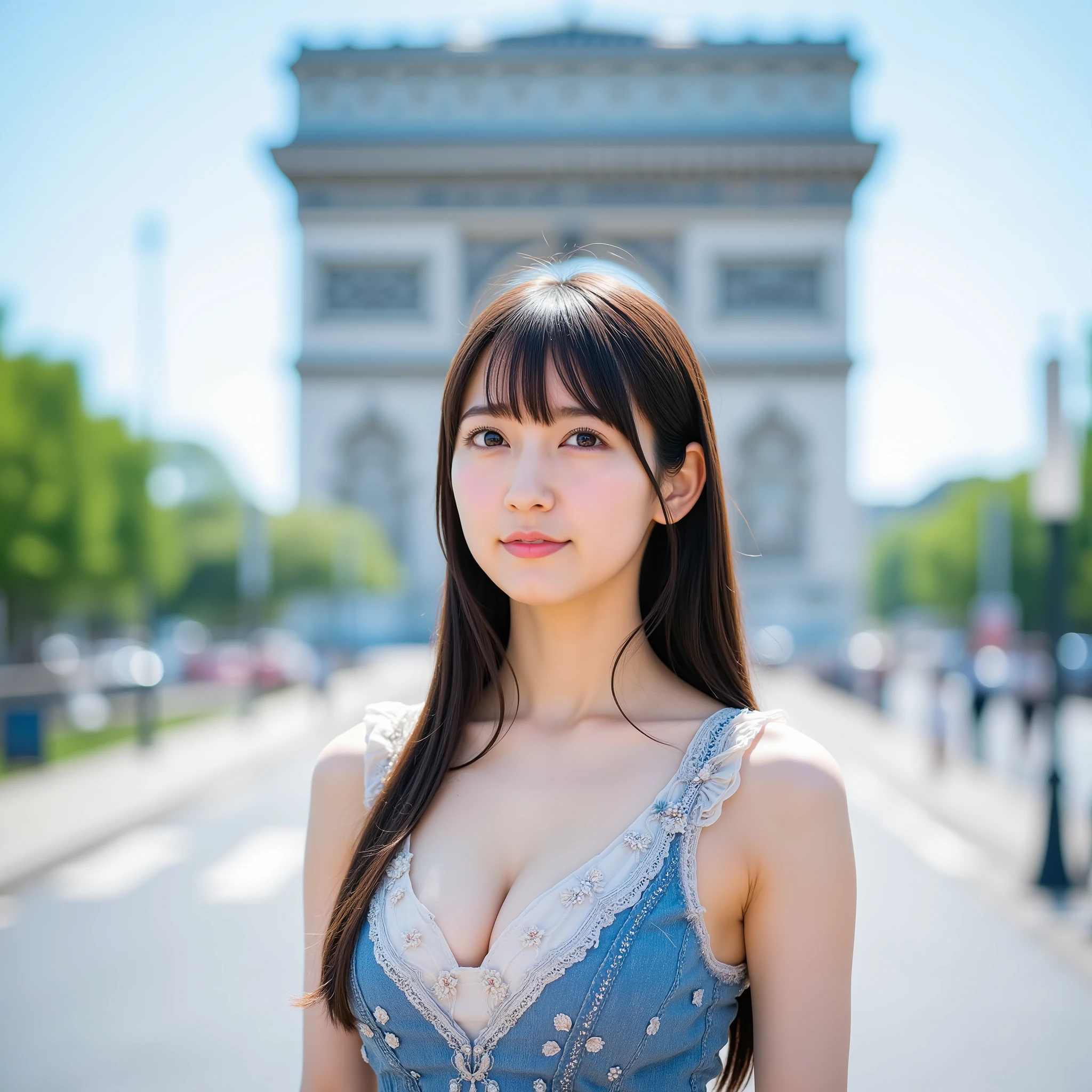 (Highest Quality, highest resolution, Realistic Pictures), (A beautiful woman travels alone:1.9), ultra clear focus, full body shot with mahiru, (Wide shot of a beautiful woman traveling alone in front of the Arc de Triomphe:1.10), The detailed station depiction of the background of the Arc de Triomphe roundabout road is amazing, photo of a young and attractive woman, has beautiful skin and long brown hair, with an emphasis on a woman's body, Break, (A beautiful woman wears a red and blue maid dress), deep v-neck), ((No hair ornaments or aprons:1.5)), BREAK,
beautiful breasts, , beautiful and delicate face, Cute Smiles , Beautiful legs, F-cup beautiful girl with breasts, red lips, Long loose hair, and sensual, Break,
The image of traveling alone is very well expressed,
