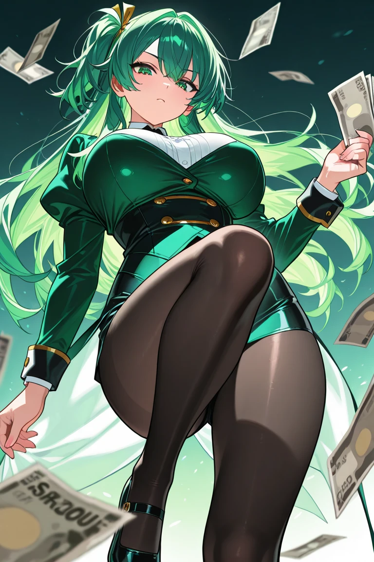 4K,hight resolution,One Woman,Green hair,poneyTail,Red Eyes,Colossal tits,Green cheongsam,long gloves of black color,Black boots,Japanese Katana Sword,Futuristic city