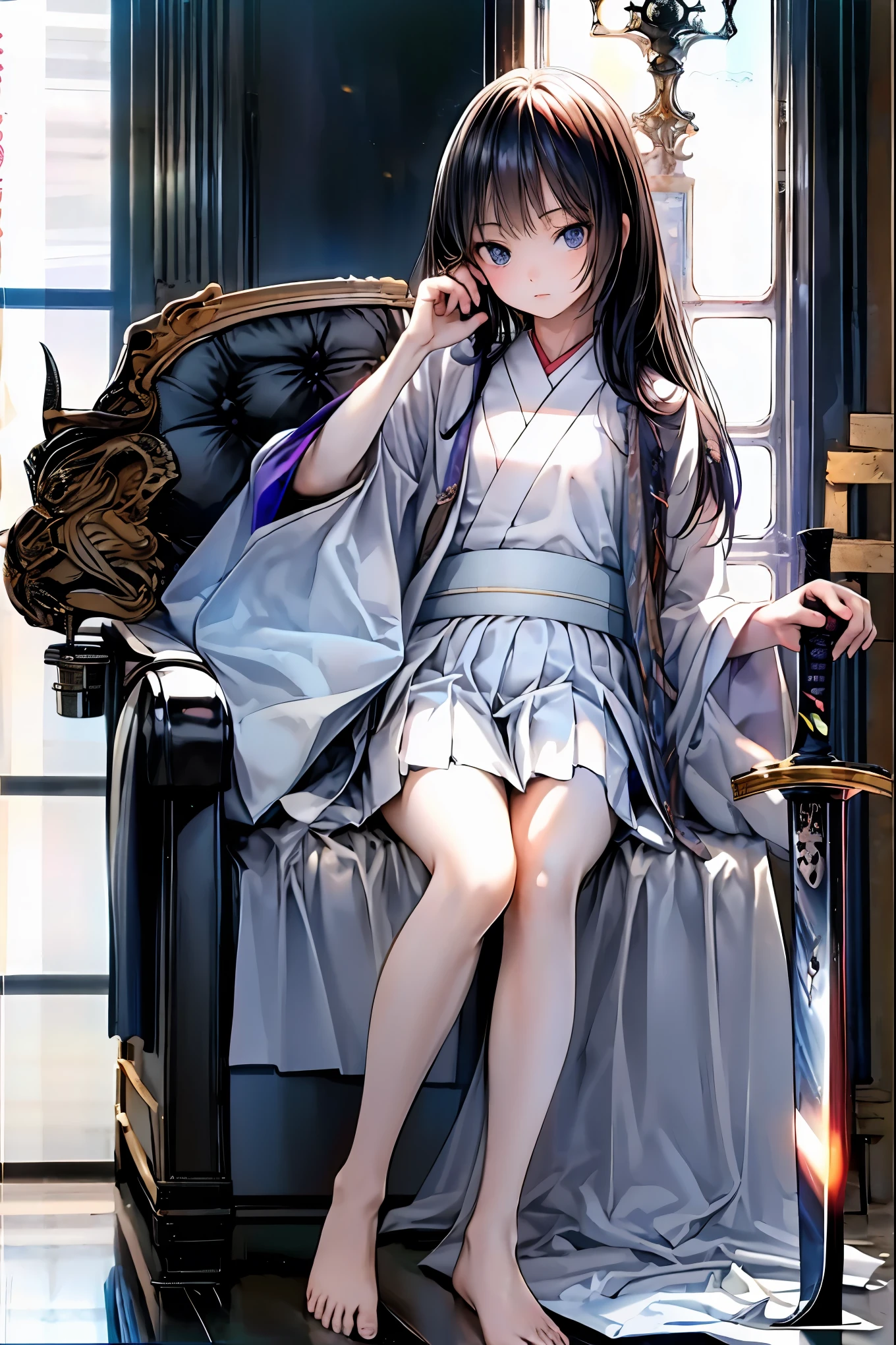 Highest Quality, face focus, soft lights, ultra high res, (photorealistic:1.4), Original Artwork,(((((Japanese sword))))),One side of a rose at your feet,Rose Assassin, Black rose, seen from above, solo, cute, (pupil, individual eye light), Motorcycle Rocket Cowl Modification, (Tiny Chest),(Human skin texture high resolution details), (Boro-Yado's Long Hair), Sit Couch, School Uniform, charcoal vest, skirt, (Upper Thigh)