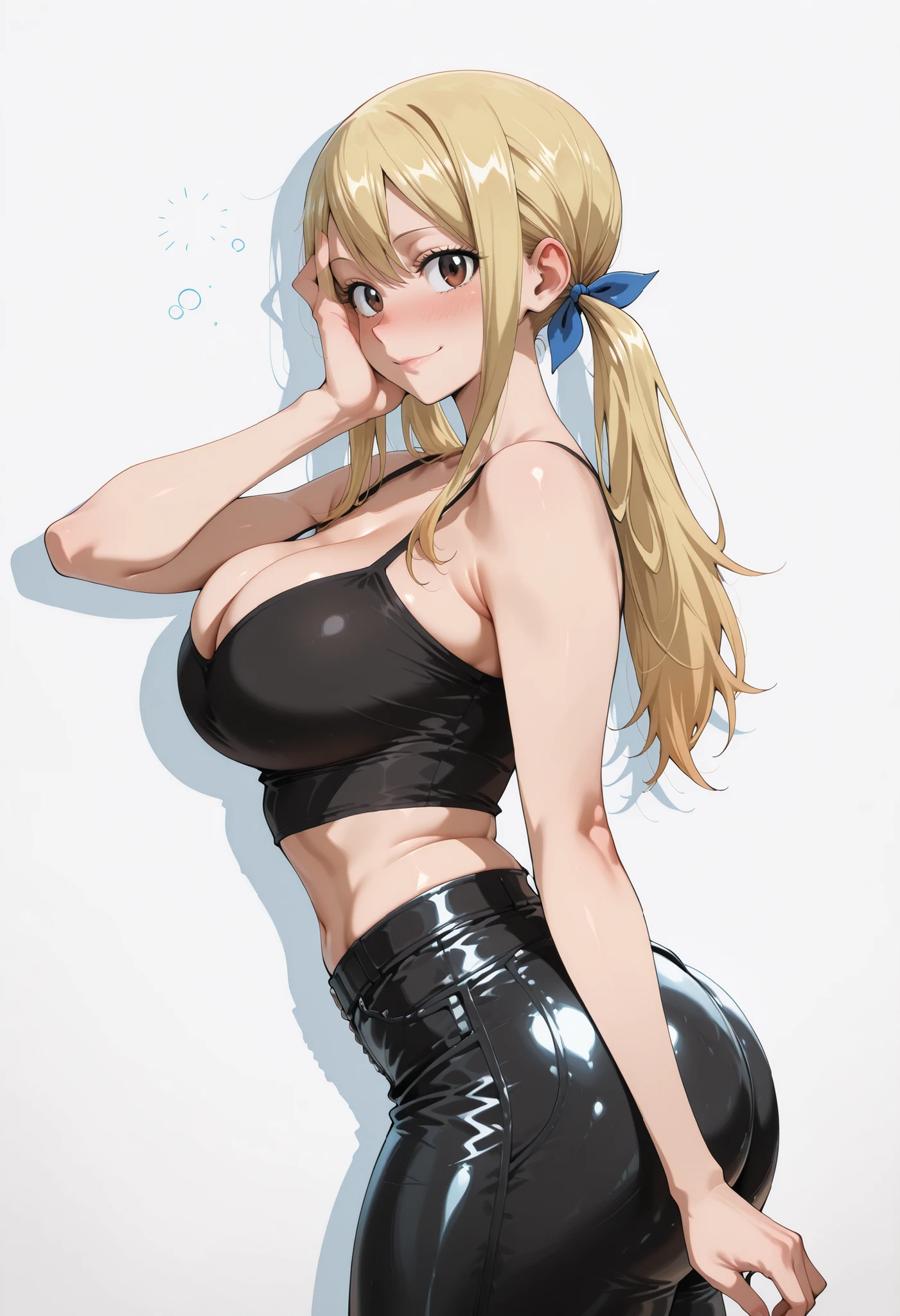 score_9, score_8_up, score_7_up, source_anime, lucy heartfilia, long hair, blonde hair, , brown eyes,,, blue hair ribbon,, blush, drunk,, , looking at viewer,, , solo,, , big , thick thigs, wide , slim waist, mature body, nose blush,, looking at viewer, nice legs, legs, standing, solo, female, shiny skin, shiny hair, shiny body, clear body,,, cowboy shot ,,,, ,,,, , looking at viewer, NOSE BLUSH,,wide , slim waist,, CLEAVAGE, shiny skin, shiny hair, shiny body, clear body, , solo, STANDING, POSING, thick thighs, thighs, solo, standing, POSING,, perfect eyes, white background, empty background, distinc shadows, solo, , thick thigh, dynamic pose, navel ,midriff,,, LOOKING AT VIEWER, WHITE BACKGROUND, EMPTY BACKGROUND, soft smile,, DYNAMIC POSE,, big , one hand behind on her, one hand on face, view from side, side pose, side looking, side view, , , leather pants <lora:Leather_Pants:1> black crop top