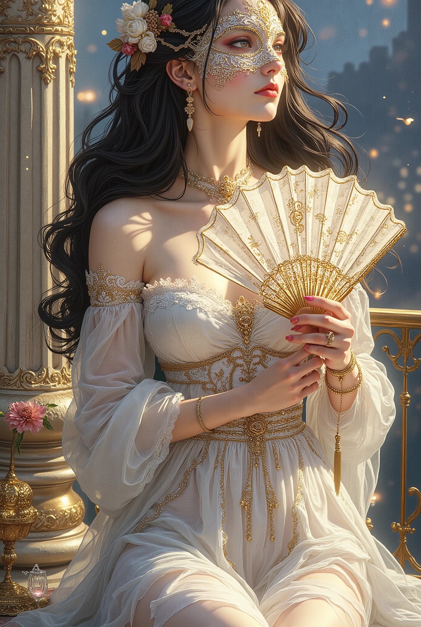 (8K, highest quality, masterpiece), (photorealistic, photoreal: 1.37), extremely detailed depiction
{A woman standing on the roof of a building at night}
Highly distinctive miniature art, delicate and beautiful illustration, a dreamy and hyper-realistic fantasy world, a work that blends reality and fantasy, elegant, passionate, and captivating
Luxurious art gallery
(((An elegant, nude woman enjoying tea on the terrace of a luxurious residence, covering her breasts with a white and gold lace fan)))
Graceful posture, serene atmosphere, perfect pose
Beautiful black hair, Beautiful hazel eyes
(Kitaoji Hazuki, an exhibitionist daughter)
Cowboy shot
(Large breasts), Slim and toned body
(A delicate, sheer lace masquerade mask in gold and white.: 1.5)
(((Large breasts: 1.5)))
((Droopy breasts: 1.5))
Beautiful, glossy, long black hair
Cowboy shot
(((Completely naked:1.5)))