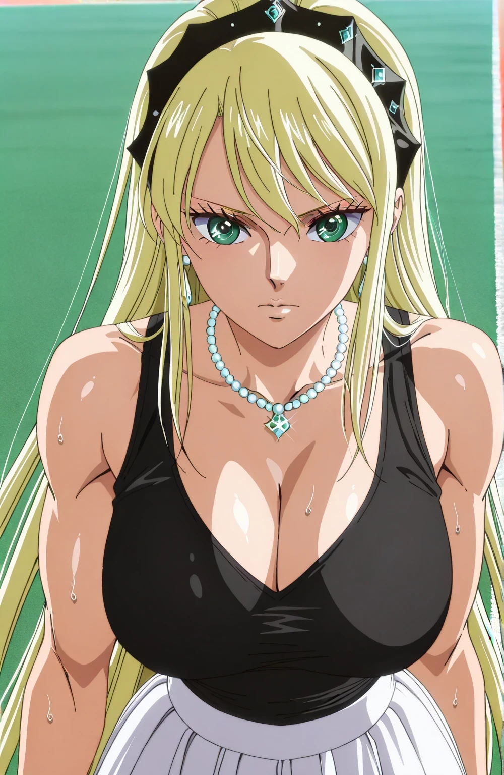 score 9 、score 8 up、score 7 up、source anime、傑作、best quality、best resolution、best image quality、anime coloring、1woman、katya、cool beauty、long hair anime woman is wearing a white tennis wear、solo、portrait of a beautiful anime style、anime beautiful woman、portrait of a anime woman、elegant anime woman、elegance anime woman、huge breasts、cleavage、very large breasts、huge tits、biceps、biceps long head、biceps short head、triceps、triceps medial head、triceps lateral head、triceps longhead、brachioradialis、deltoids、anterior deltoids、middle deltoids、posterior deltoids、thigh muscles、semitendinosus muscles、hamstrings、adductor magnus muscles、collarbone、trapezius、(blonde hair:1.5)、Hair between the eyes、睫毛、very long hair、green eyes、jewelry necklace、jewelry earrings、black hairband、anime woman is wearing a white tennis one piece、portrait of a anime woman、elegant atmosphere、elegance atmosphere、outfit:white tennis one piece、no sleeve、bare shoulders、bare arms、woman is wearing a white tight skirt、anime female character、cool anime woman、very tall woman、basic tennis one piece、tennis one piece with an white、toned body、tennis one piece sleeve with an no sleeve、attractive anime woman、portrait of a anime woman、portrait of a detailed anime woman、anime screencap、anime screenshot、portrait of a anime woman、portrait of a anime woman、王女としての王様賛美歌、looking at viewer、cowboy shot、female focus、outdoor、Tennis court、muscles training、battle training、girl poses dynamically、combat posture、