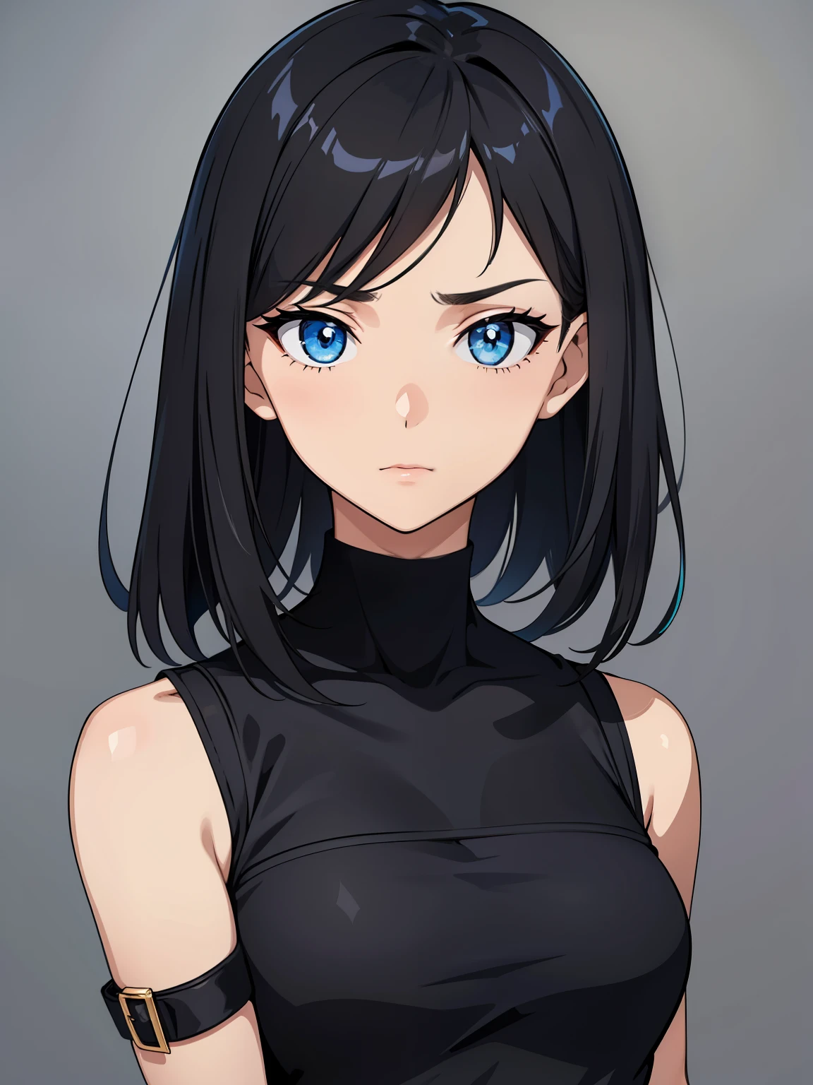 (High quality, breathtaking ),(expressive eyes, style perfect face) portrait, 1 girl, woman, One, adult, Age 20, Black hair, blue eye color, average hair length, I look at the viewer, half body, calm facial expression, fashionable clothes, height 4 "3, fantastic clothes, minimal outfit, black shorts, short, black top, light tanned skin, small bust