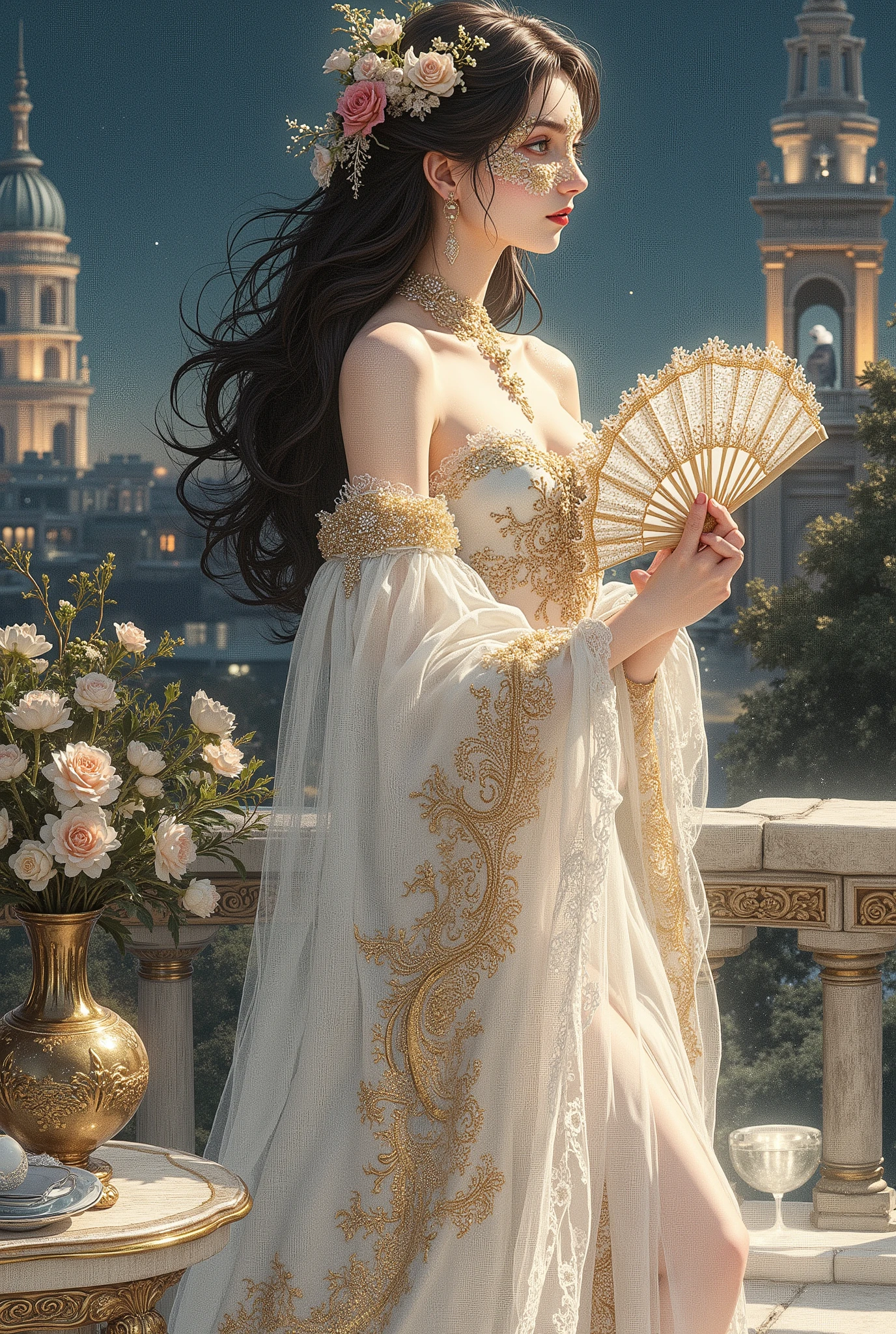 (8K, highest quality, masterpiece), (photorealistic, photoreal: 1.37), extremely detailed depiction
{A woman standing on the roof of a building at night}
Highly distinctive miniature art, delicate and beautiful illustration, a dreamy and hyper-realistic fantasy world, a work that blends reality and fantasy, elegant, passionate, and captivating
Luxurious art gallery
(((An elegant, nude woman enjoying tea on the terrace of a luxurious residence, covering her breasts with a white and gold lace fan)))
Graceful posture, serene atmosphere, perfect pose
Beautiful black hair,
(Kitaoji Hazuki), Completely naked:1.5
Cowboy shot
(Large breasts), Slim and toned body
(A delicate, sheer lace masquerade mask in gold and white.: 1.5)
(((Large breasts: 1.5)))
((Droopy breasts: 1.5))
Beautiful, glossy, long black hair
Cowboy shot
(((Completely naked:1.5)))