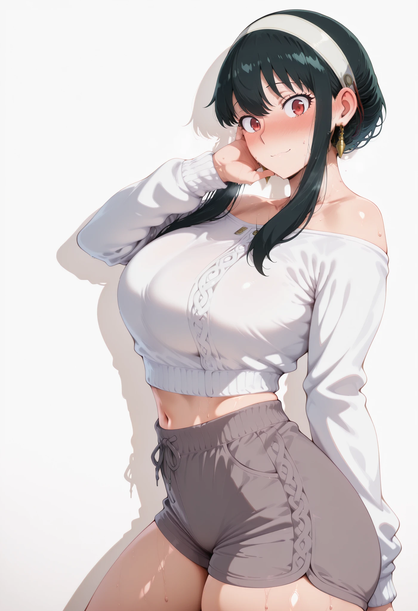 score_9, score_8_up, score_7_up, score_6_up, score_5_up, score_4_up, masterpiece, high quality, yor briar, black hair, red eyes, earrings, white hairband, hairband, long hair, sidelocks, large breasts, shiny skin, shiny hair, shiny body, clear body, large breasts, nose blush, sweat, sweaty, sweaty:1.3,, standing, nice legs,, looking at viewer, thick thigh, thick thighs, nice face, solo, opaque clothes, cowboy shot, nice legs, DYNAMIC POse, , solo, large breasts, thick thigh, dynamic pose, navel ,midriff,,, LOOKING AT VIEWER, WHITE BACKGROUND, EMPTY BACKGROUND, soft smile,, DYNAMIC POSE, large breasts , looking at viewer, one hand behind on her, one hand on face, view from side, side pose, side looking, side view, white sweater, grey shorts, shoulder cutouts,