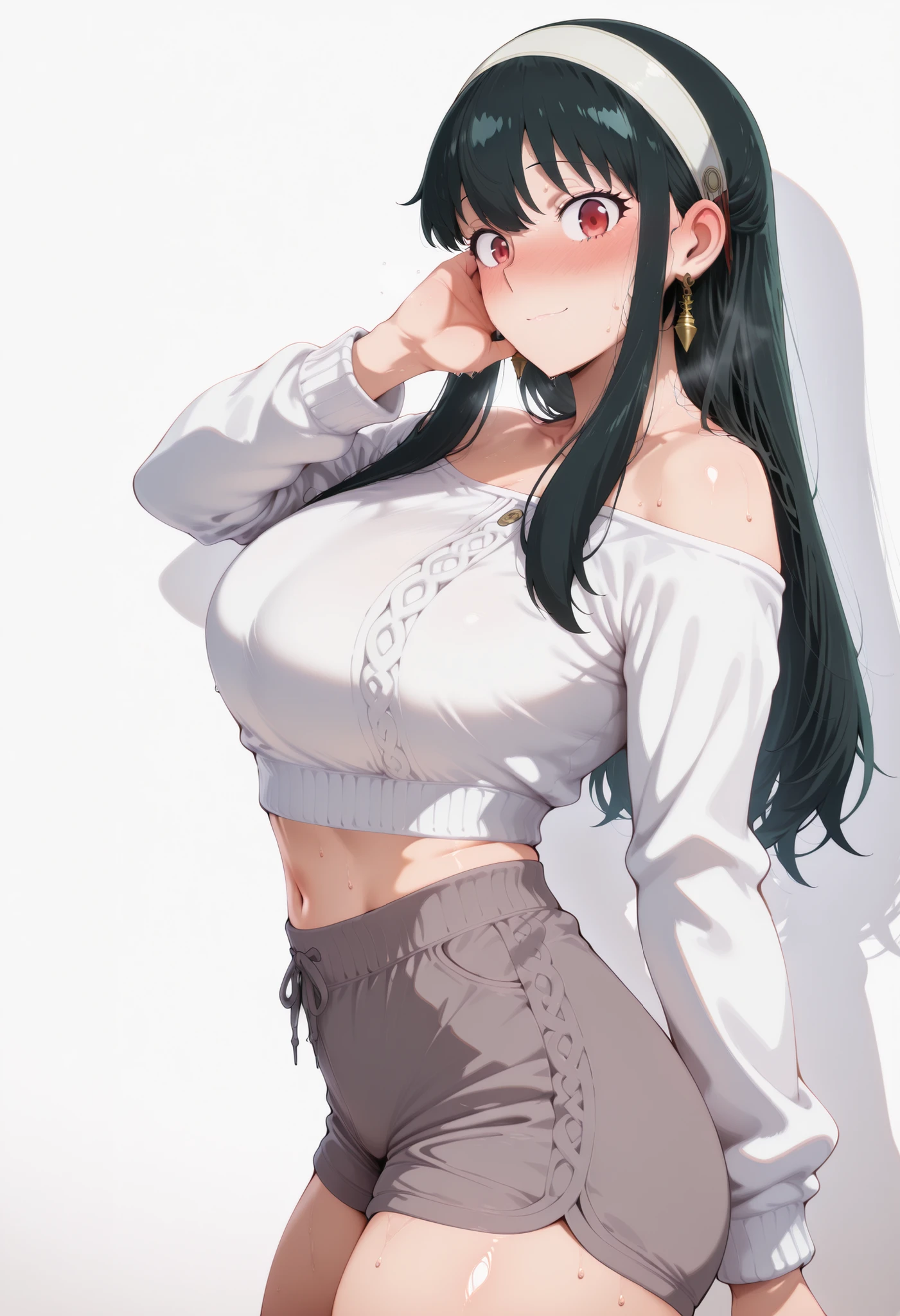 score_9, score_8_up, score_7_up, score_6_up, score_5_up, score_4_up, masterpiece, high quality, yor briar, black hair, red eyes, earrings, white hairband, hairband, long hair, sidelocks, large breasts, shiny skin, shiny hair, shiny body, clear body, large breasts, nose blush, sweat, sweaty, sweaty:1.3,, standing, nice legs,, looking at viewer, thick thigh, thick thighs, nice face, solo, opaque clothes, cowboy shot, nice legs, DYNAMIC POse, , solo, large breasts, thick thigh, dynamic pose, navel ,midriff,,, LOOKING AT VIEWER, WHITE BACKGROUND, EMPTY BACKGROUND, soft smile,, DYNAMIC POSE, large breasts , looking at viewer, one hand behind on her, one hand on face, view from side, side pose, side looking, side view, white sweater, grey shorts, shoulder cutouts,