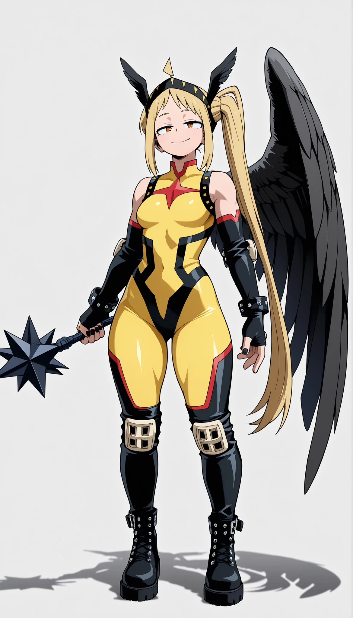 ((Highest Quality)), ((Simple Light Grey background)), (My Hero Academia Style), 1female, female, flat Breast, thighs, hips, thick shins, solo, Athletic body, tall, standing, (Full Body), blonde, blonde hair, Orange eyes, smirk, mischievous smirk mischievous look, half-closed eyes, yellow bodysuit, tight bodysuit, Highleg bodysuit, black Thigh-high leather boots, studded leather boots, black Elbow-length leather boots, studded bridal gloves, black nail polish, black elbow pads, black Knee pads, black shoulder pads, Two-toned wing, angel wing, Yellow and Black wing, (one single angel wing), star mace, holding mace, Black winged headband, winged headband, black headband, (Star Cross stigma details), (Evil Magical Girl), (Nijika Ijichi),