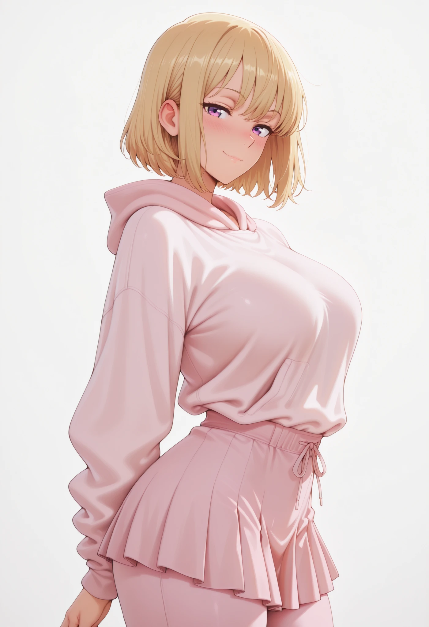 masterpiece, best quality, amazing quality, 1girl, solo, looking at viewer, blushing,, mature girl,side view, light smile, seductive, short hair, blonde hair, purple eyes, , ,bubble breasts, seductive twist, exaggerated voluptuous figure with impossibly large and prominent chest, dramatically slim waist, curvaceous hips, silky smooth skin with a mystical amethyst glow,, hips steady and slightly pushed forward, back straight to focus entirely on the chest and lace details), ultra-sensual face with a bold, confident, and mischievous smirk, highly detailed, 4k ultra quality, anime ecchi style,, vibrant and rich colors, hyper-sensual and irresistibly enchanting mood, shizuku kousaka (na honjaman level up), Anime screencap,solo focus, looking at viewer, shiny skin, shiny hair, shiny body, clear body, nose blush,, POSING,, DYNAMIC POSE,,, NICE LEGS, COWBOY SHOT, ,, TIGHT CLOTHES, covered breasts, , , thick thighs , soft glossy skin , detailed shading , soft light , realistic anime style , ultra-detailed , 8k , masterpiece , highly detailed ,, , VIEW FROM FRONT , , ,, hourglass figure , large bust and wide hips ,, , OPAQUE CLOTHES , covered breasts , ,,white background, empty background,
,,.
,,, DYNAMIC POSE,, covered breasts,,, white sweater, pink hoodie, pants under skirt, pink skirt, pink pants