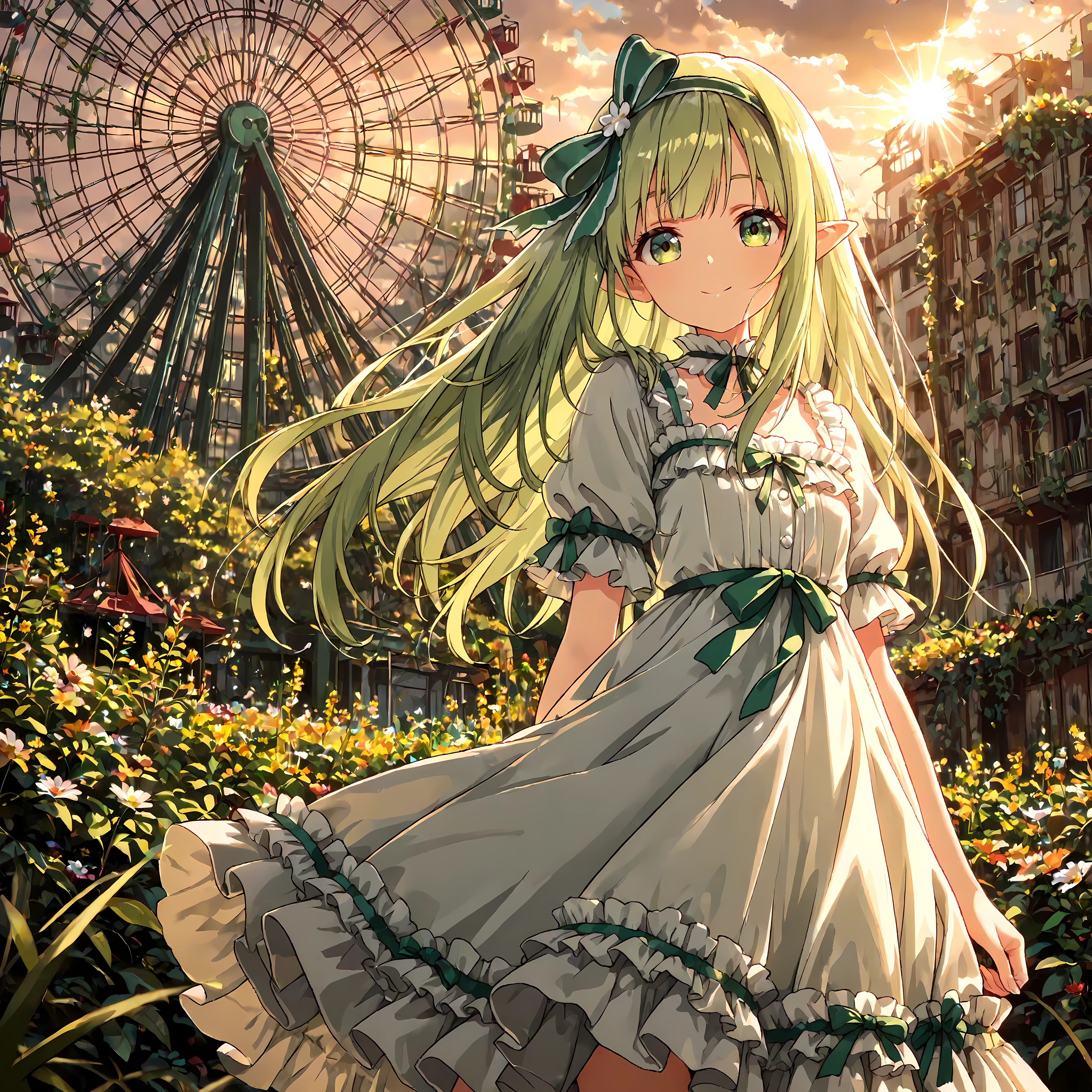 absurdres,very aesthetic,best quality,masterpiece,high definition eyes,detailed eyes,high gradient eyes,eyesHD,orphia-default,green eyes,green hair,long hair,hair bow,hairband, pointy ears, masterpiece, best quality, absurdres, very aesthetic, 1girl, solo, elf girl with pointy ears, long flowing green hair, hair bow, hairband, beautiful detailed green eyes, high definition eyes, looking at viewer, gentle smile,
wearing an elegant white lolita dress with lace and frills,
standing in the middle of an abandoned amusement park, overgrown with vines and wildflowers, a rusty ferris wheel in the background,
golden hour lighting, cinematic light, sun rays filtering through clouds, dust motes in the air, nostalgic and melancholic atmosphere, detailed background.