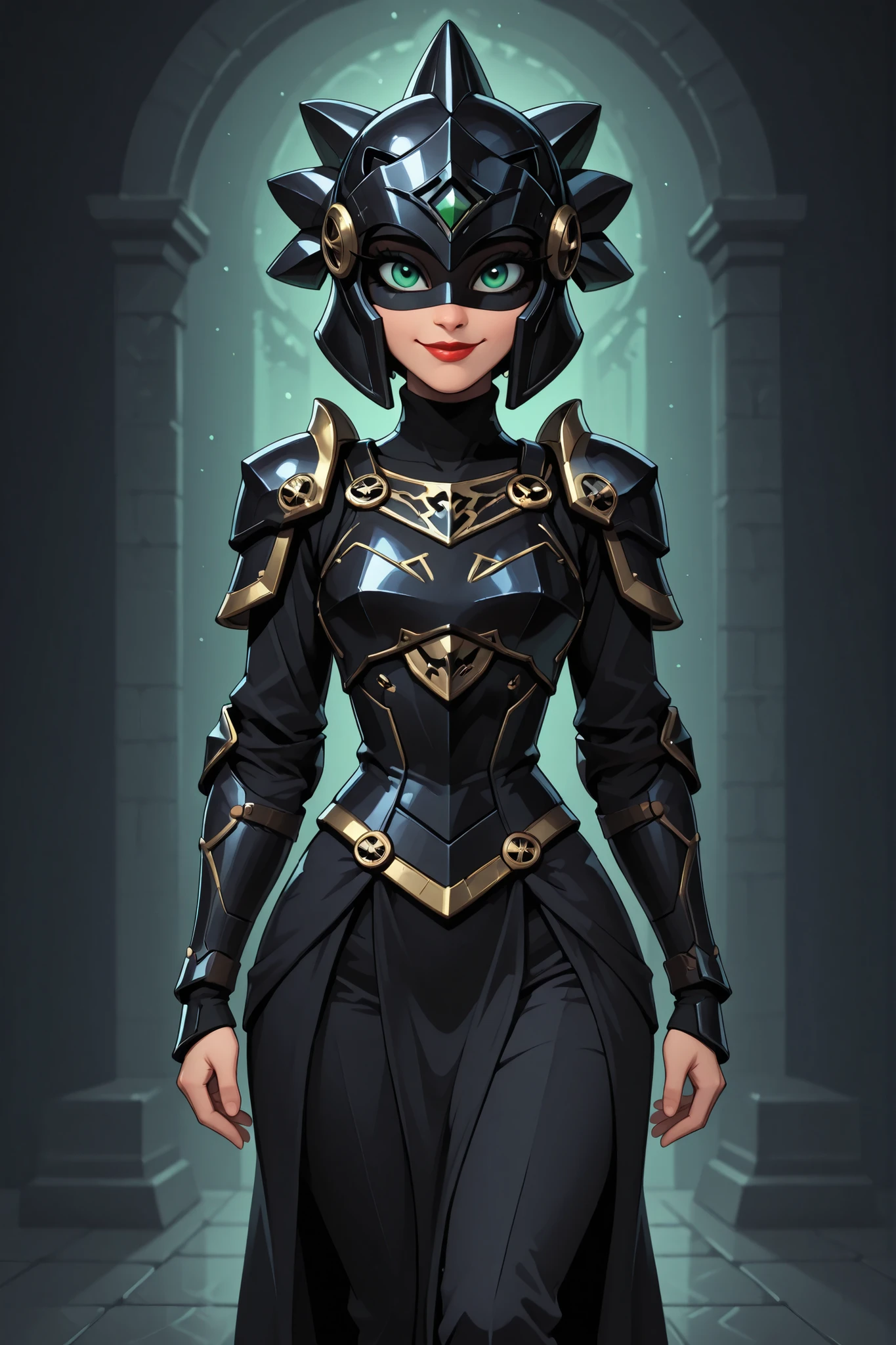 1 girl, beautiful woman, fully dressed, closed smile, calm, broad and strong shoulders, tight black turtleneck dress, black helmet, looking at the viewer, black antifaz over the eyes, upright, emerald eyes, front view, straight back, fully dressed, thick suit, swollen abdomen, black helmet grip, big eyelashes, big eyeliner, lipstick, armor, opaque suit, flat colors, soft, ankles together, baggy black pants, standing, beautiful girl, Big eyes, wears a big black medieval princess dress over everything, Arm armor, black breastplate, chest armor, waist armor, hip armor, samurai armor 