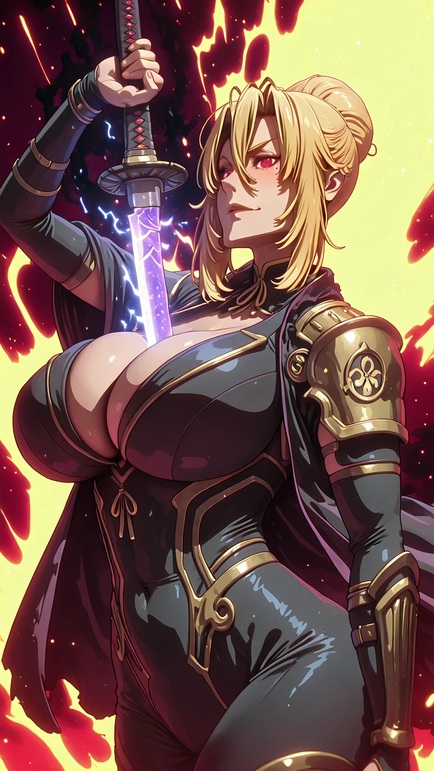 (puuzaki_puuna(punopupupu)-style:1.2), (imizu_(nitro_unknown)-style:1.3), (packge-style:1.4), (mana_(remana)-style:1.4), ((anatomical correct)), ((Cinematic, unreal engine, eye-catching, ambient occlusion, UHD, masterpiece)), ((perfect lighting)), perfect body, perfect eyes, perfect fingers, gasping, heavy breathing, gasping profusely, ((skindentation)), ((curvy)), sysdeep_angelica, blond hair, red eyes, short hair, hair bun, hair between eyes, large breasts, (voluptuous:1.5), (mature female:1.5), (aura), (black aura:1.2), 1girl, breasts, weapon, human_scabbard, solo, sword, electricity, cleavage, holding_weapon, musou_isshin_(genshin_impact), mitsudomoe_(shape), drawing_sword, holding, tomoe_(symbol), holding_sword, bodysuit, bridal_gauntlets, shoulder_armor, armor, mole, katana, mole_under_eye, covered_navel, cowboy_shot, between_breasts, sheath, alternate_costume, floating_hair, smirk, magic particle, fantasy