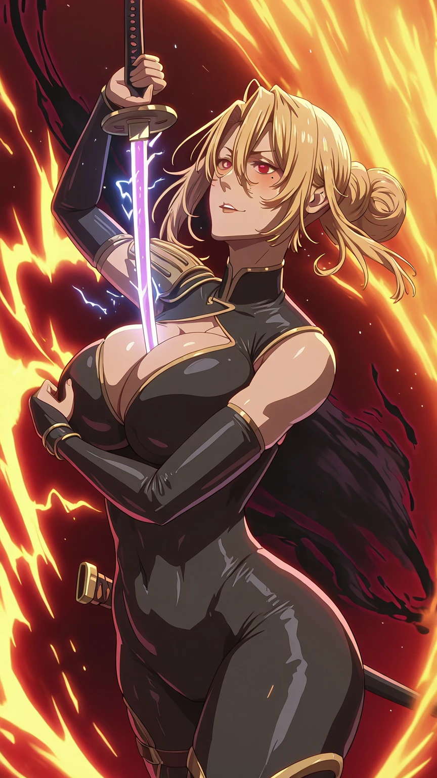 Manhwa, (lainart-style:1.2), (imizu_(nitro_unknown)-style:1.3), (packge-style:1.4), (mana_(remana)-style:1.4), ((anatomical correct)), ((Cinematic, unreal engine, eye-catching, ambient occlusion, UHD, masterpiece)), ((perfect lighting)), perfect body, perfect eyes, perfect fingers, gasping, heavy breathing, gasping profusely, ((skindentation)), ((curvy)), sysdeep_angelica, blond hair, red eyes, short hair, hair bun, hair between eyes, large breasts, (voluptuous:1.5), (mature female:1.5), (aura), (black aura:1.2), 1girl, breasts, weapon, human_scabbard, solo, sword, electricity, cleavage, holding_weapon, musou_isshin_(genshin_impact), mitsudomoe_(shape), drawing_sword, holding, tomoe_(symbol), holding_sword, bodysuit, bridal_gauntlets, shoulder_armor, armor, mole, katana, mole_under_eye, covered_navel, cowboy_shot, between_breasts, sheath, alternate_costume, floating_hair, smirk, magic particle, fantasy