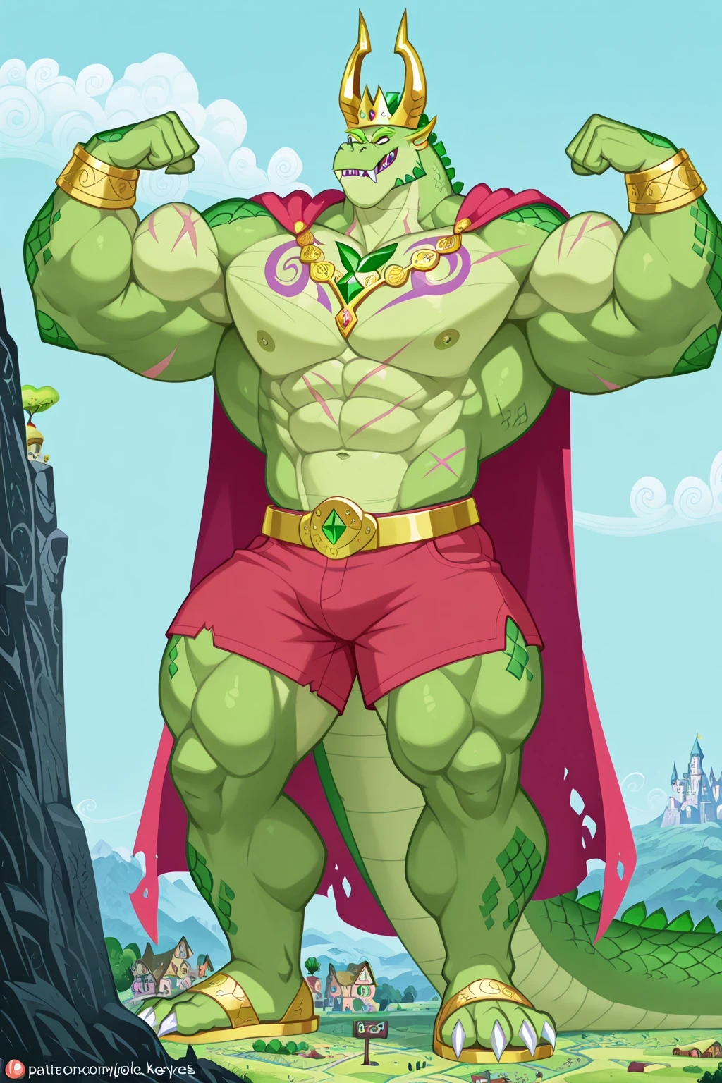 a green giant bad muscular weredragon with saturaded green emerald scales, gigantic chin, 2 gigantic golden, ruby, diamond and emerald wings, golden horns, sharp teeth, fangs, sharp claws, golden chest with colorful jewels, golden armor with colorful jewels, golden bracelets with colorful jewels, golden necklaces with colorful jewels, golden crown with colorful jewels, golden belt with jewels and keys, golden sandals, scars and tattoos on pectorals, abs, wearing red underpants and ripped orange shorts, a very long ripped red cape, cartoon 2d style, castle and village, giant size, macro size, 50-foot size, 100-feet tall, blue sky background, clouds, big rainbow on the sky, trees, standing, flexing his powerful muscles pose, a large plant (beanstalk) behind.
