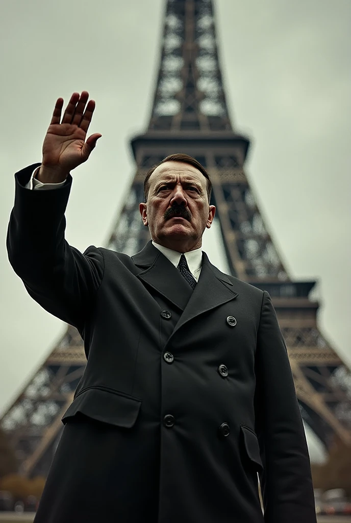 adolf  God emperor pf mankind, masterpiece, highest quality,  (solo focus), (perfect face:1.1), (high detail:1.1),dramatic, 1guy, (pale skin), black hair, Adolf, blue eyes, square toothbrush mustache, solo, Adolf , toothbrush mustache, arm to the sky, salute, swastika, crescent moon, night, officer suit, fascist salute,  covered in metals, square toothbrush mustache, brown suit, paris city, eifel tower, detailed background, gothic renaissance, cinematic lighting, roman salute