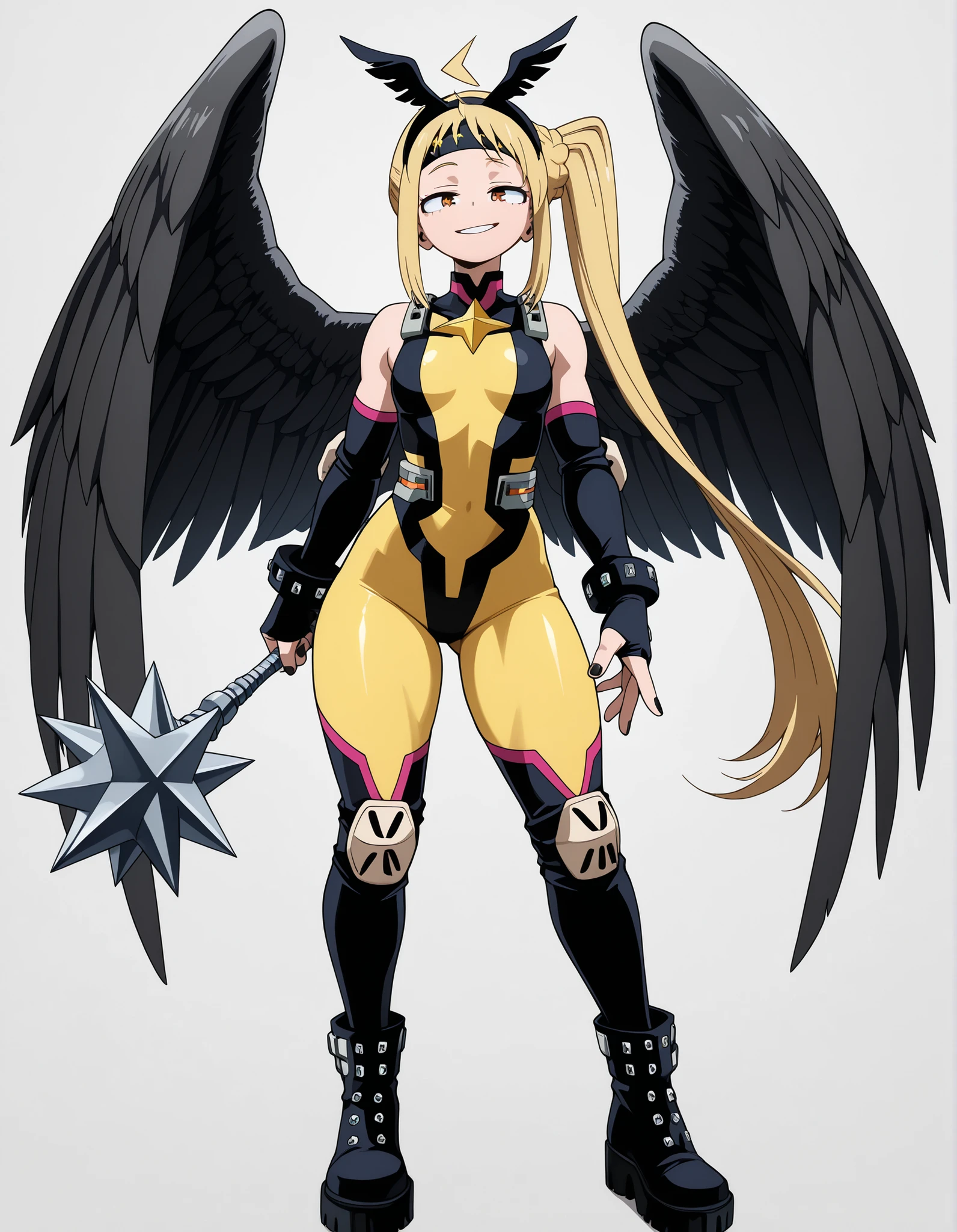 ((Highest Quality)), ((Simple Light Grey background)), (My Hero Academia Style), 1female, female, flat Breast, thighs, hips, thick shins, solo, Athletic body, tall, standing, (Full Body), blonde, blonde hair, Orange eyes, smirk, mischievous smirk mischievous look, half-closed eyes, yellow bodysuit, tight bodysuit, Highleg bodysuit, black Thigh-high leather boots, studded leather boots, black Elbow-length leather boots, studded bridal gloves, black nail polish, black elbow pads, black Knee pads, black shoulder pads, Two-toned wing, angel wing, Yellow and Black wing, (Large wing), (one single angel wing), star mace, holding mace, Black winged headband, winged headband, black headband, (Star Cross stigma details), (Evil Magical Girl), (Nijika Ijichi),
