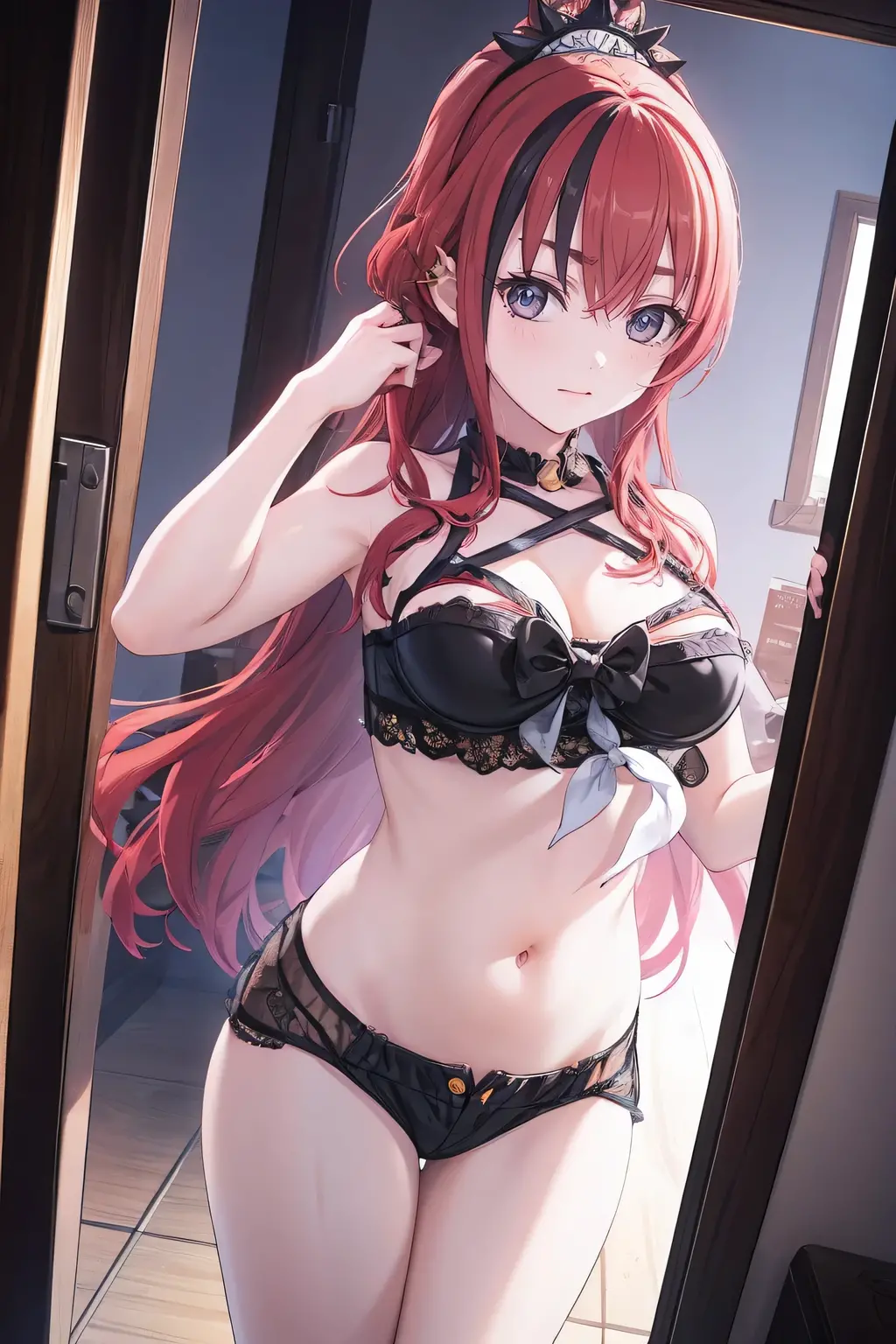 best quality, insanely detailed, nino nakano, ???????, blush, bedroom background, looking at viewer, cheerful eyes, ????????????, ?????, ????,arousal, lingerie