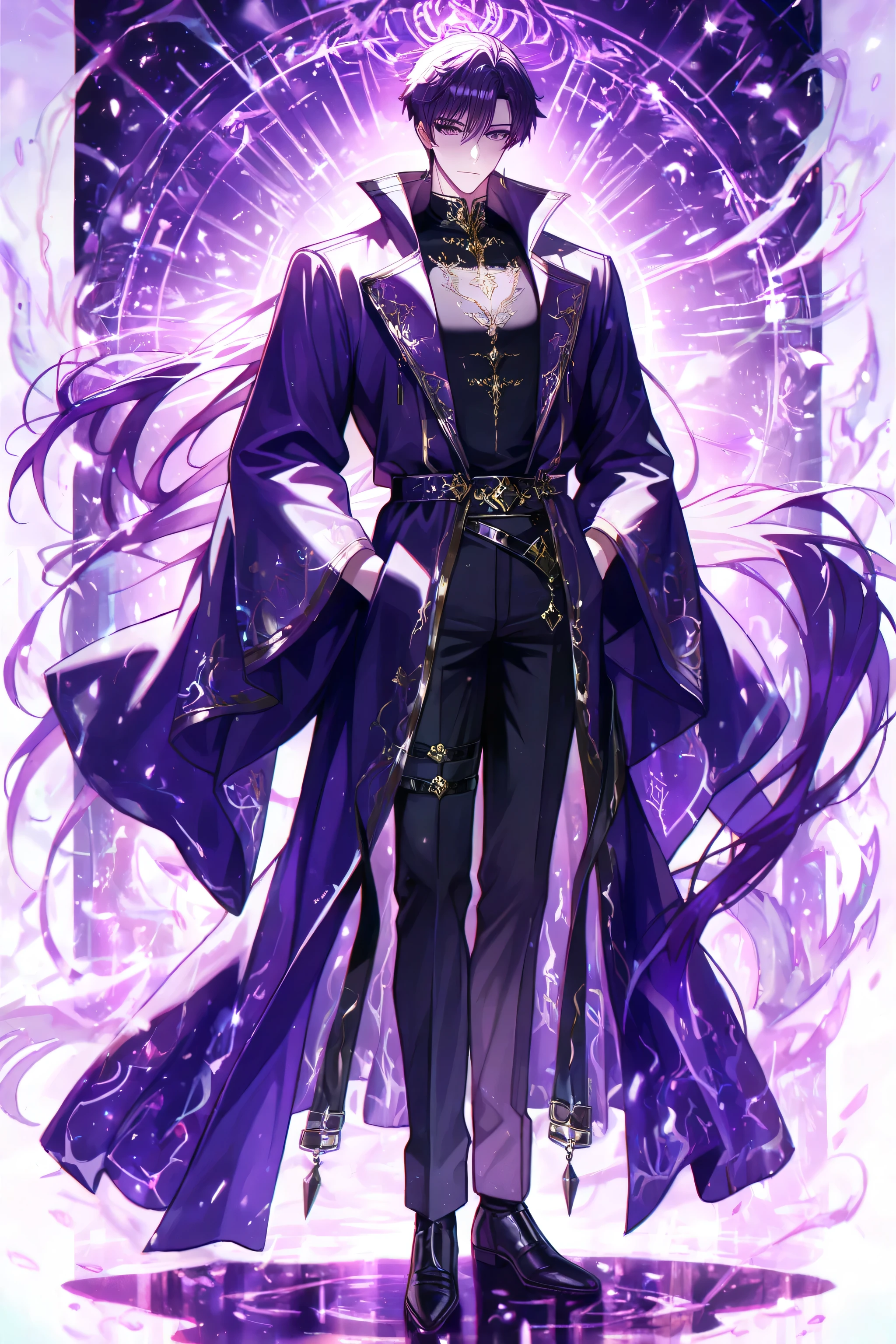 a detailed anime-style character , human, standing , full body , male standing pose, full body,head held high,purple shoulders back ,hands in pocket,The posture conveys power, poise, and a sense of readiness. A slight turn of the body, emphasizing the flow of the clothing. ,high quality, detailed eyes,intricate details, soft purple lighting, sharp focus, 8k, anime character, vibrant colours , delicate features,detailed eyes, Male elegant attire, elegant flowing robes and coat, sleek trousers, long wide sleeves, high collar, ornate belts, and subtle magical embellishments. . Perfectly framed , nothing cropped out , fully visible , ( nothing cropped out :1.4),