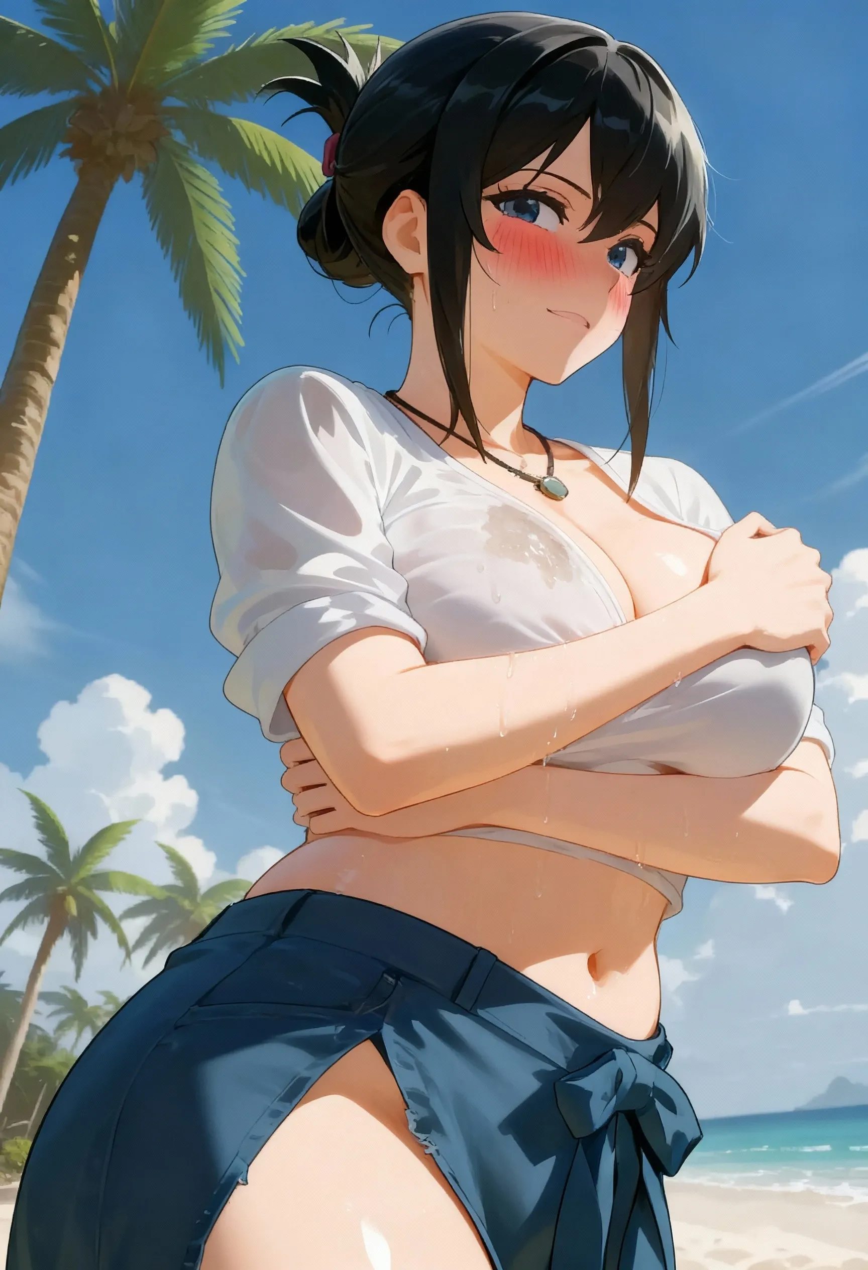 (Masterpiece, Best Quality, 8K, 32K, Masterpiece, Hmm, Ultra High Resolution, Impressionist, Photorealistic: 1.2), ((Perfect Proportions)), ((Diagonal Front Angle)),Detailed Face and Eyes, Beautiful Face, Blurred Background, Glowing Skin, Hot Skin, Realistic Pupils, Beautiful Face, Blurred Background, Beautiful 18 Year Old Girl, Side Ponytail, (medium hair), ((White Scrunchie)), Beautiful Black Hair, Black Brown Eyes, (Fully Nude), (Fully Nude), (Erect Nipples), (Pussy), (Clitoris), Thighs Thighs Thighs, Curves, Sexy Pose, Shy Smile, Sweating, Slightly Droopy Eyes,((Running happily)),((Highlands)),((Lake)),((Blue sky)),((Mountains))