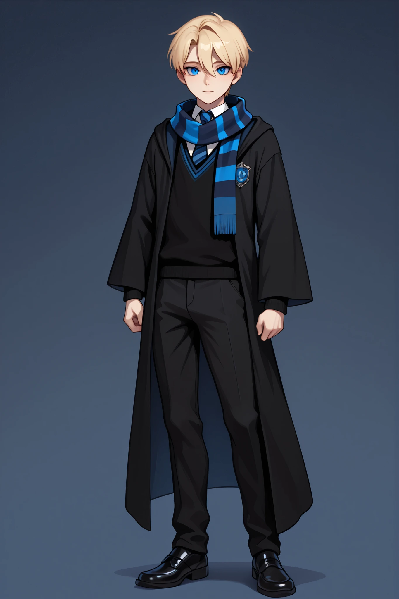 score_9, score_8_up, score_7_up, best quality, masterpiece, 4k resolution, 1boy, solo, youthful, full body, blonde hair, clean hair, tidy hair, neat hair, bangs, parted bangs, hair between eyes, short hair,  blue eyes, sharp eyes, looking at viewer, confident posture,  hogwarts uniform, ravenclaw, black robe, necktie, striped necktie, collared shirt, sweater, black pants, black sweater, dark blue scarf, wrapped scarf, black shoes, calm expression, cool expression, 