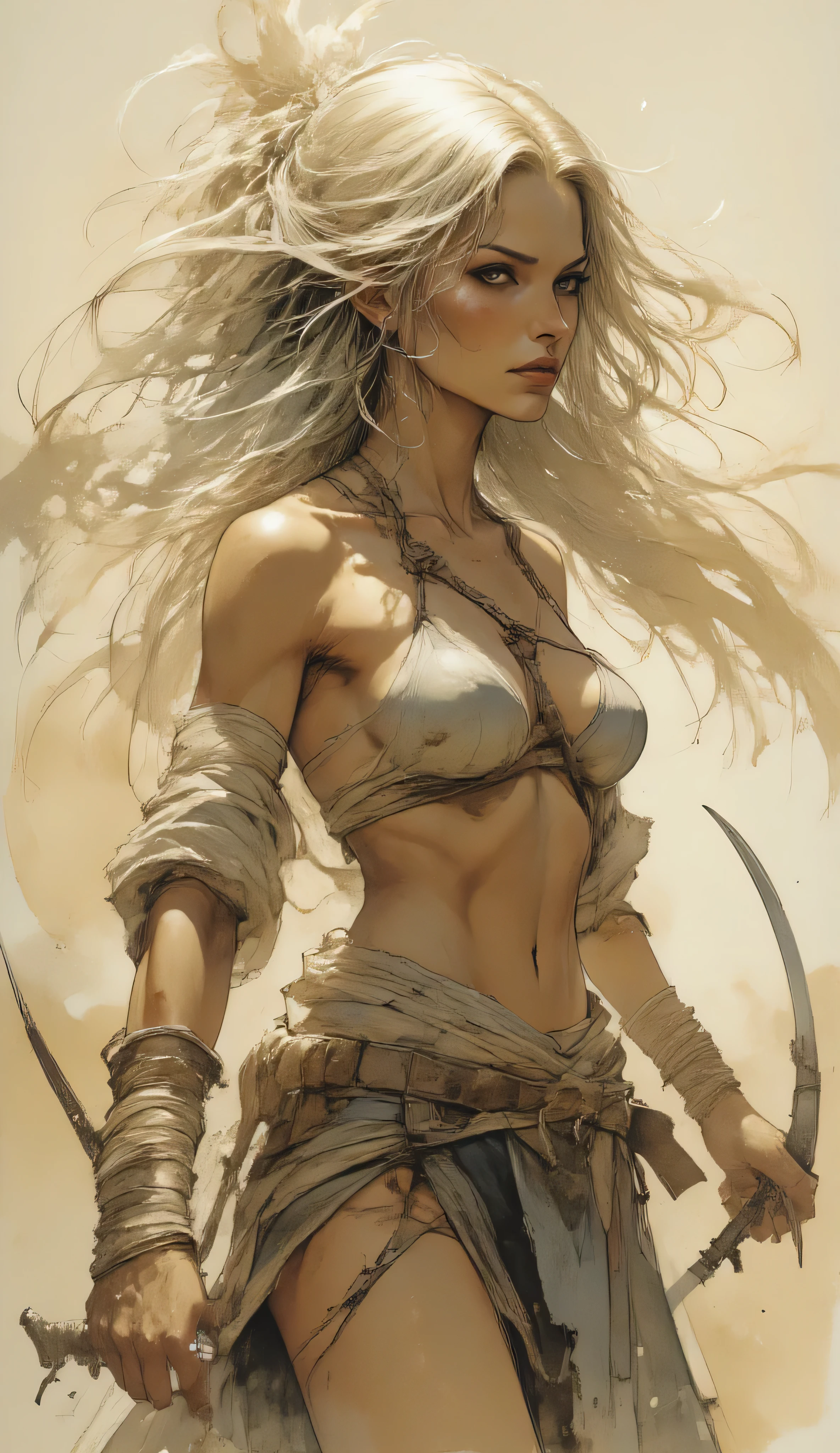 "A fierce and wild warrior stands in the middle of a dusty environment, wrapped in a soft light that emphasizes the details of her skin. Her long white hair is tied in a tail, with some locks that fall freely around her face. Her athletic and sinuous body is marked by scratches and bandages, symbol of past battles. She only wears a torn cloth thong and some wrapped headbands around the arm, at the leg and foot.

In her hands she holds two long curved swords, one raised above her head in an attack position and the other lowered along her side, pronta a colpire. Il suo sguardo, rivolto di lato, transmits determination and coldness. The background is blurry, with a dusty atmosphere that suggests a battlefield or a windy desert. The illustration has warm tones and soft shades, with an artistic touch that recalls an airbrush painting."(Close-up)