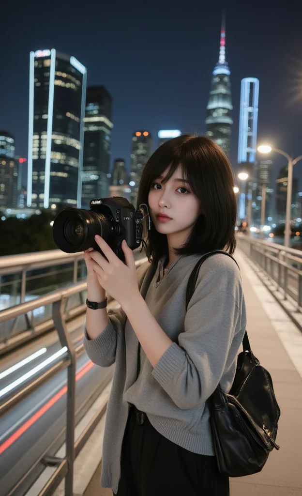 20-year-old girl, Hold the camera in both hands, Face the lens, half body shot,  High-rise buildings in the background.