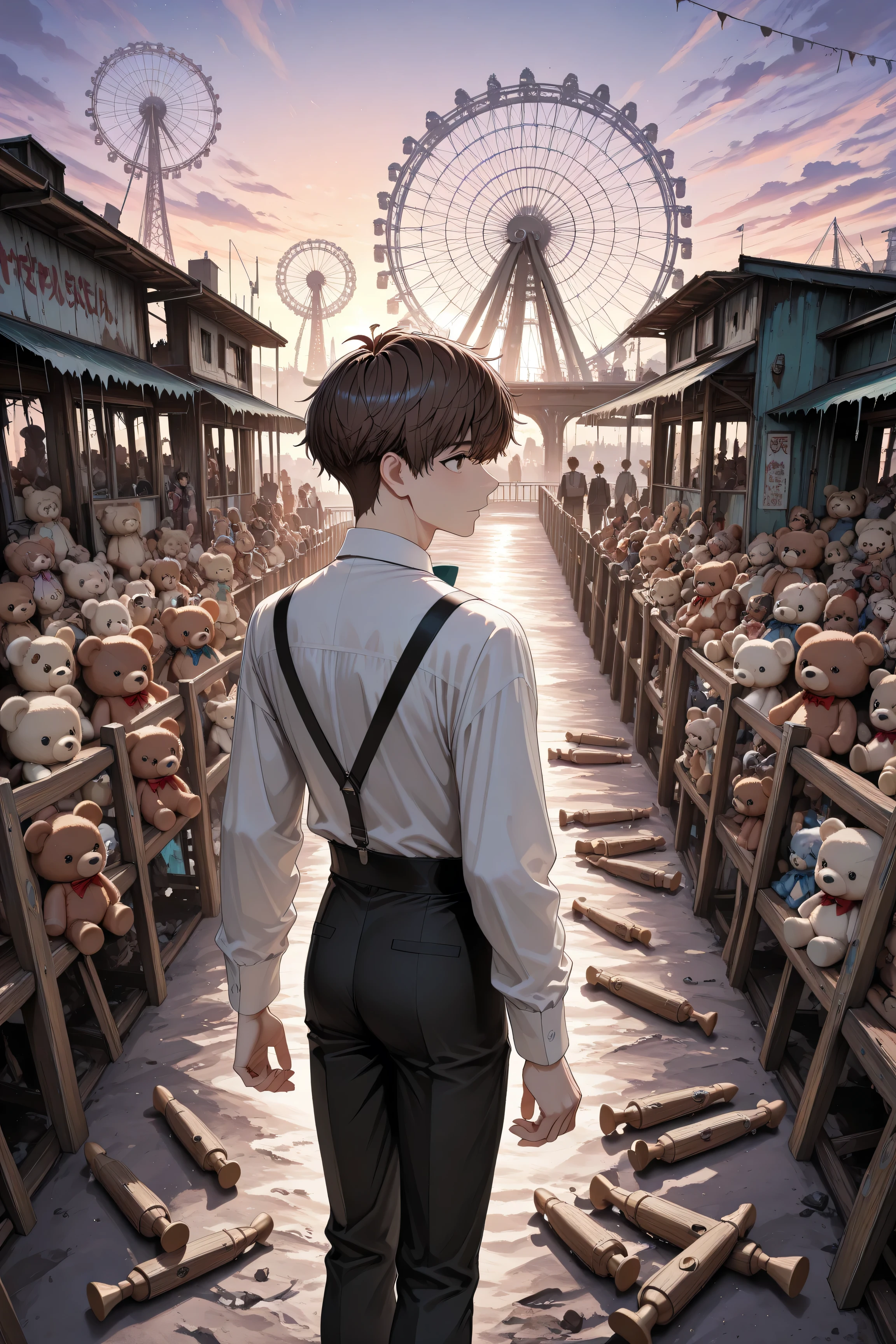 1boy, humanoid teddy bear, fluffy short brown hair with round teddy ears, big gentle eyes,
outfit: slightly worn pastel outfit with suspenders and ribbon bowtie, a bit patched and old but cute,
standing in an abandoned amusement park, broken merry-go-round and faded ferris wheel in the background,
surrounded by other forgotten toys (ragdolls, wooden soldiers, tin robots) scattered around,
atmosphere: nostalgic, whimsical yet melancholic, twilight sky with soft purple and golden light,
style: anime, highly detailed, cinematic lighting, slightly dreamy,
composition: medium shot, focus on teddy boy looking wistful but kind