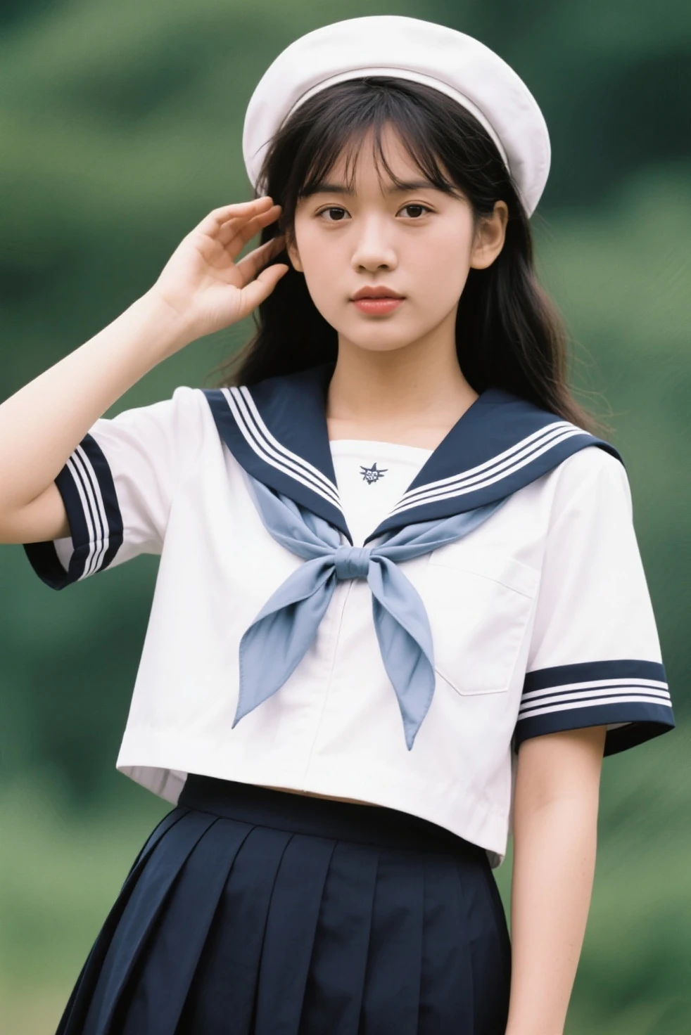 ((((((17 years old))))))、((Aya Ueto : 1.0))、(((A charming face)))、(((Young face)))、(((beautiful girl)))、(((A beautiful woman)))、Beautiful woman、Cute woman、((Innocent face))、((Smile))、((Ultra-detailed face))、((Detailed lips))、((Detailed eyes))、((double eyelid))、(((Beautiful Face)))、(((Beautiful, well-shaped eyes)))、(((Beautiful, well-shaped lips)))、Very Short Hair、ponytail、Pixie cut、BREAK、BREAK、(((Wearing a sailor uniform)))、BREAK、8 heads、(((slender)))、(((Slim body)))、(((Thin body)))、(((Slim woman)))、(Flat :1.5)、BREAK、Photographic quality、Natural light、(フォトRealistic:1.4)、(Highest quality:1.2)、(Ultra-high resolution:1.2)、8K、RAW Photos、Realistic、High Detail、Film Grain、Detail Skin、Symmetrical、Delicate skin、Real human skin、pores、Super detailed、Detailed、(masterpiece : 1.2)、Thin face、Sharp Face、Small Face、Small face、Narrow shoulders、Small shoulders、Small shoulders幅、Slim shoulders、Narrow shoulders幅、Beautiful Japanese Woman、Beautiful Korean Woman、Slim womanモデル、Young Gravure Idol、Realistic young gravure idol、Young Sensual Gravure Idol、Young Pretty Gravure Idol、Japanese Model、Young Gravure Idol、((From the knee up)) 、(arms behind back:1.3)