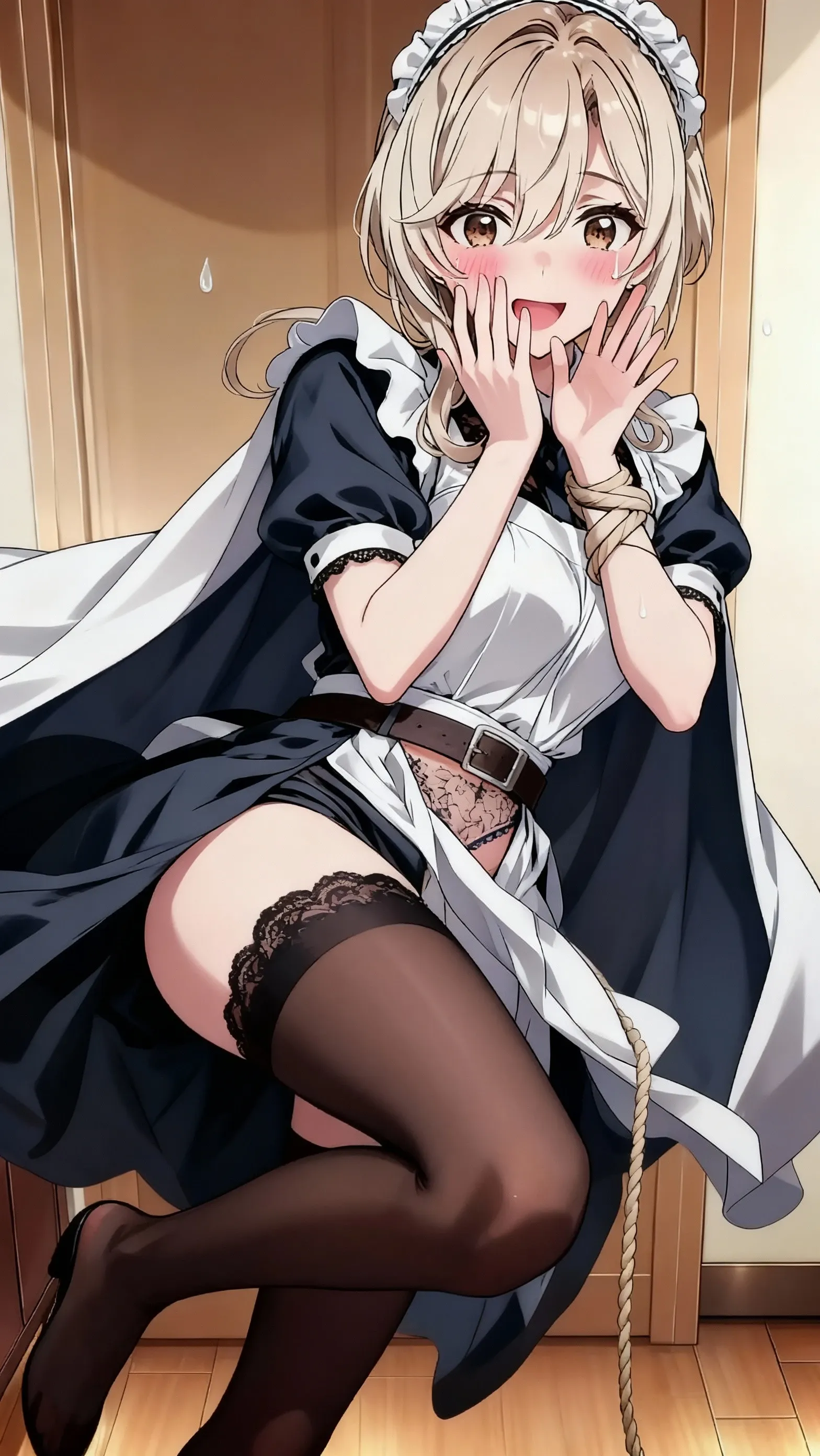 top-quality、realistic touch,high-detail、photoRealstic、、Long body、skirts that are too short、big eye、Her  are so swollen that they threaten to tear her clothes.........................................、Strong platinum blonde eyelashes、platinum-blonde、Beautie、A sexy、full body Esbian、Sparkling eyes、Submissive smile、Flushed cheeks、Kamimei、thin-waist、Sleeveless、Voluptuous thighs、Enraptured look、Maids、Raked bangs、The forehead is protruding、Stick your  out ,