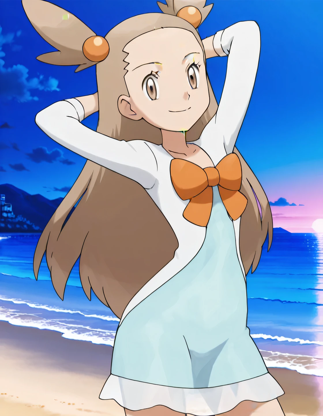 zzJasmine, brown eyes, hair bobbles, hair ornament, light brown hair, two side up, long hair, forehead, white cardigan, green dress, orange bow, sleeves past elbows, anime screencap, high quality, solo, night sky, beach, arms behind head, ((contrapposto)), closed mouth, cowboy shot, looking at viewer, smile, best quality