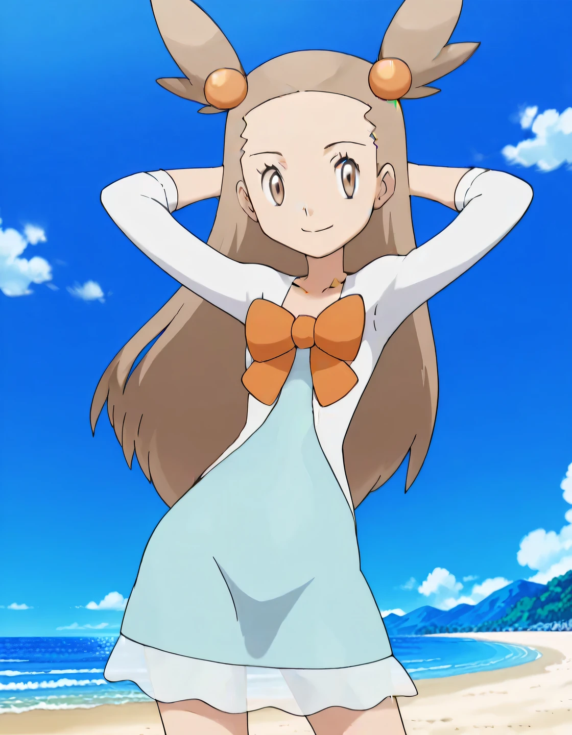 zzJasmine, brown eyes, hair bobbles, hair ornament, light brown hair, two side up, long hair, forehead, white cardigan, green dress, orange bow, sleeves past elbows, anime screencap, high quality, solo, night sky, beach, arms behind head, ((contrapposto)), closed mouth, cowboy shot, looking at viewer, smile, best quality