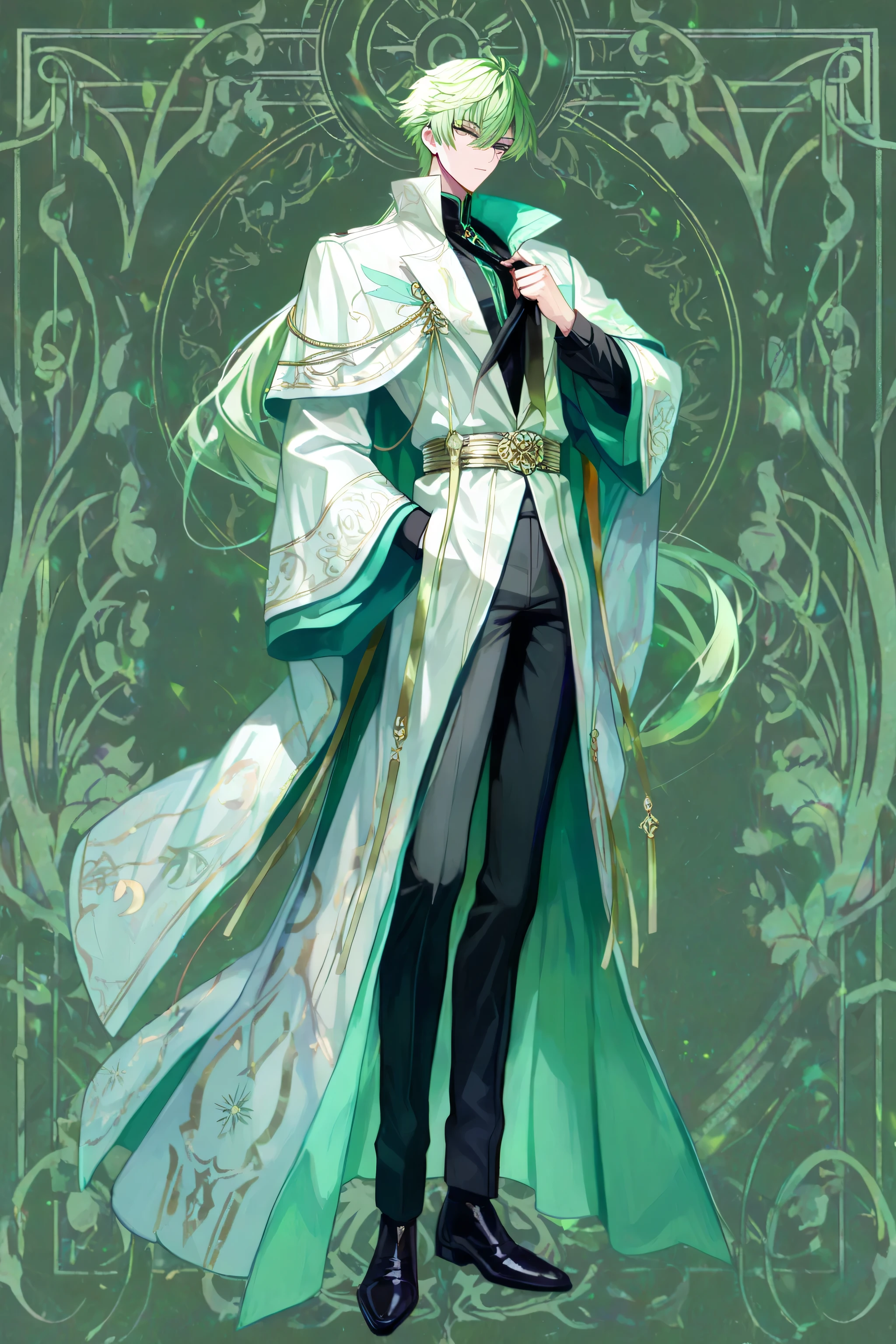 a detailed anime-style character , human, standing , full body , male standing pose, full body,head held high,green,shoulders back ,one hand in pocket, one hand fixing tie,The posture conveys power, poise, and a sense of readiness. A slight turn of the body, emphasizing the flow of the clothing. ,high quality, detailed eyes,intricate details, soft green lighting, sharp focus, 8k, anime character, vibrant colours , delicate features,detailed eyes, Male elegant attire, elegant flowing robes and coat, sleek trousers, long wide sleeves, high collar, ornate belts, and subtle magical embellishments. . Perfectly framed , nothing cropped out , fully visible , ( nothing cropped out :1.4),
