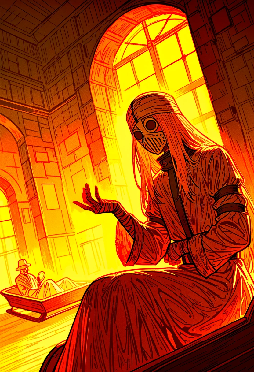 High quality, very detailed illustration,(guy:1,7), flat chest, 1-character, (17th century porcelain white mask:1,9 ), free hands ,face is not visible, old cap, old bandages, psychiatric clothes, straitjacket, rags ,tattered clothing, порванные rags , (dirty hanging tousled hair :1,7), dnd, adentura dark atmosphere, hospital wall, psychological problems