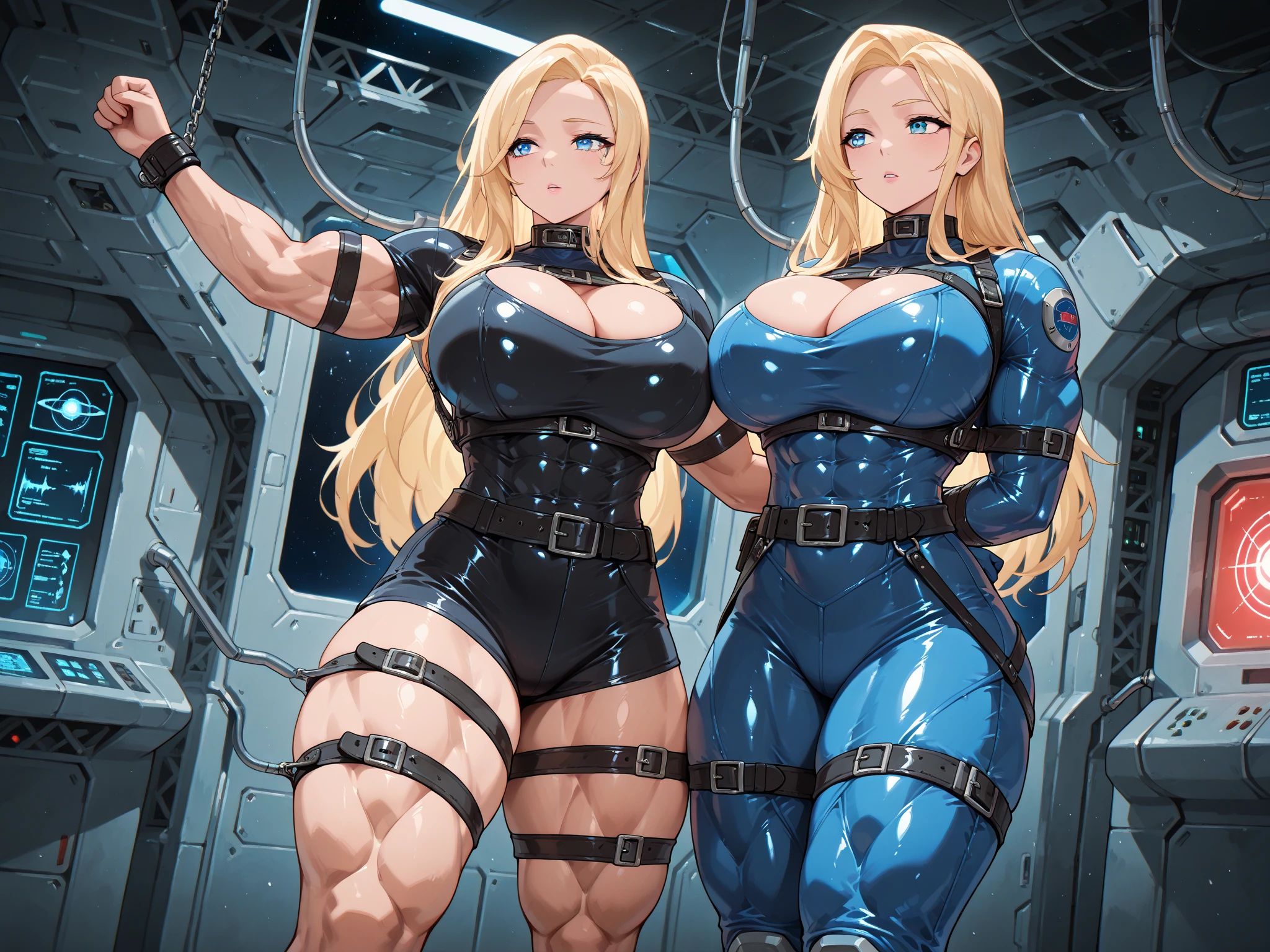 Vault-girl, vault 111 jumpsuit, 1girl, bursting ,  expansion, massive heavy , crossed arms, vibrant blue eyes, blushing, long blonde hair,  expansion,  expansion, weight gain, shes stress eating, shes worried about how large her  are getting and how sensitive they are, strained jumpsuit, very wide fat , thick thighs, massive fat , big fat chubby belly,