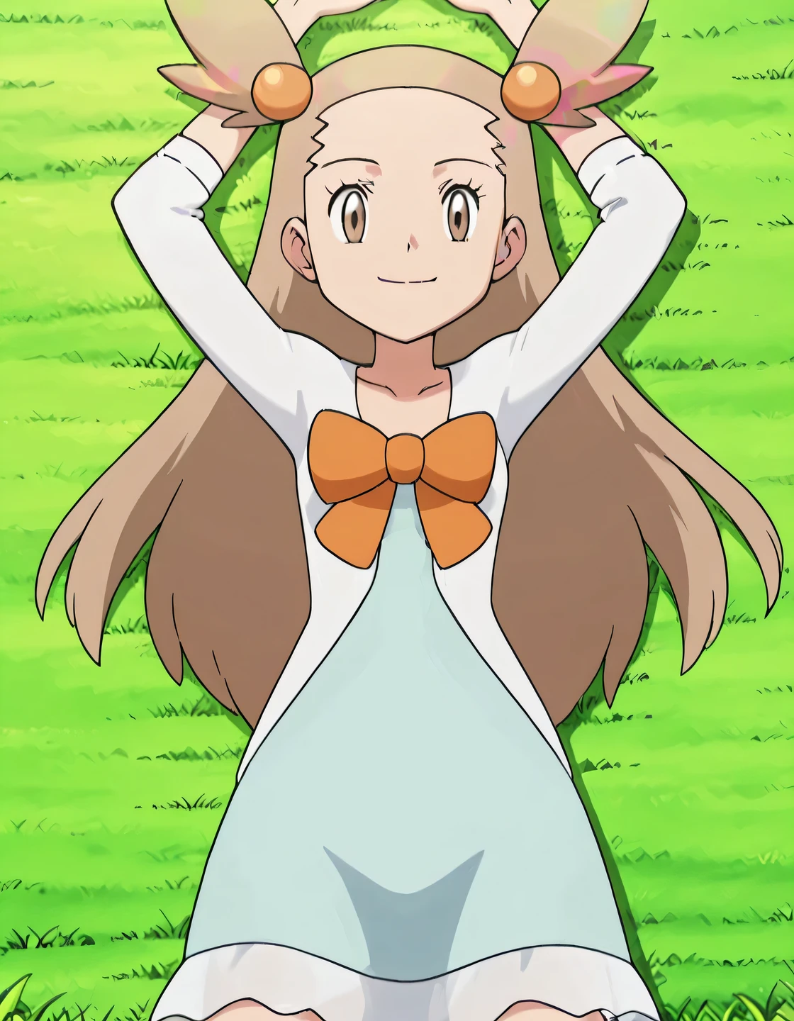 zzJasmine, brown eyes, hair bobbles, hair ornament, light brown hair, two side up, long hair, forehead, white cardigan, green dress, orange bow, sleeves past elbows, anime screencap, high quality, solo, lying, on back, arms up, legs apart, closed mouth, grass, cowboy shot, looking at viewer, overhead view, smile, best quality,