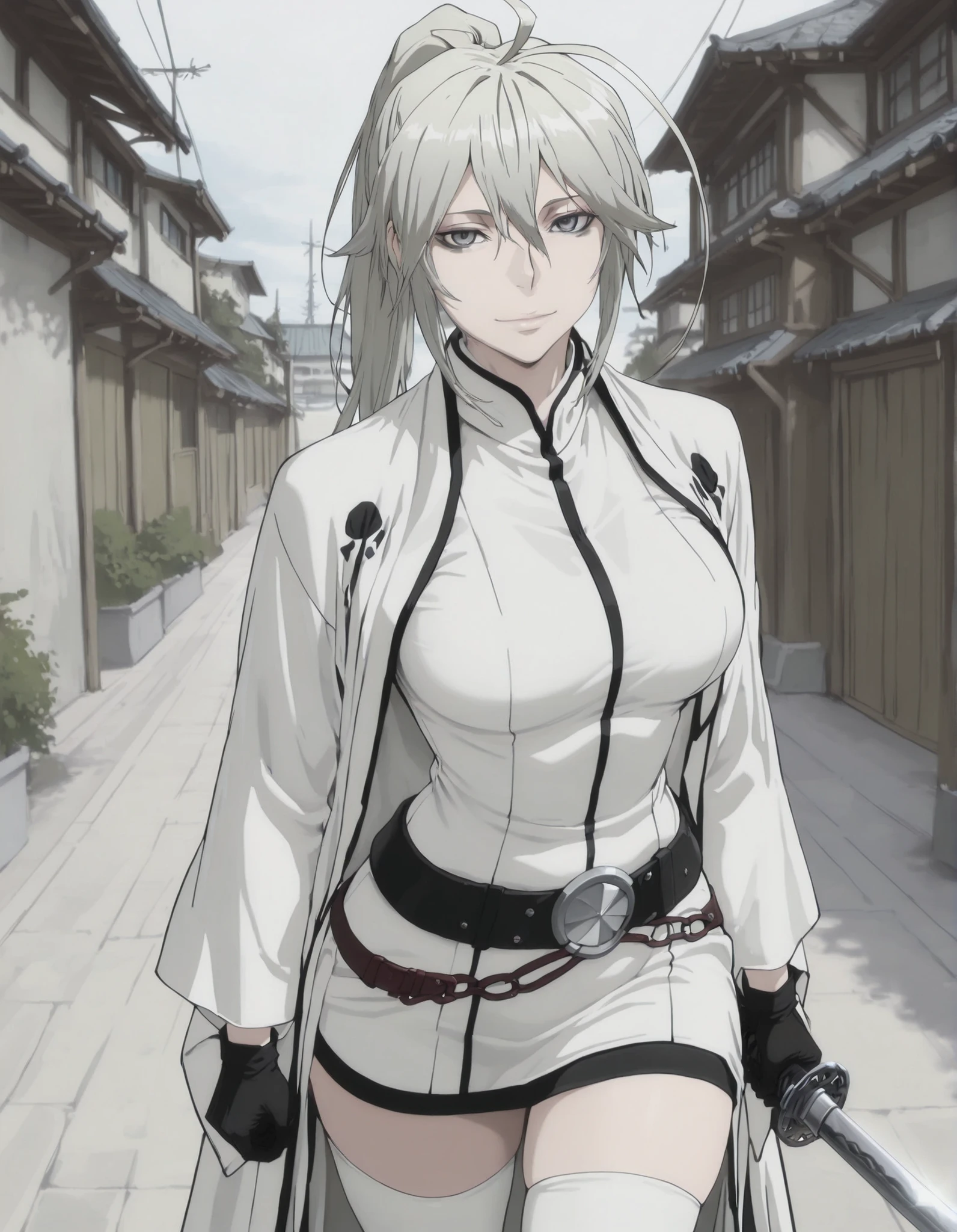 masterpiece, best quality, amazing quality, absurdres, newest, 1girl, solo, mm, mature female, long hair, ponytail, ahoge, grey hair, grey eyes, breasts, japanese clothes, gloves, white thighhighs, belt, kimono, white haori, holding katana, light smile, outdoors, looking at viewer, Arrancar_outfit