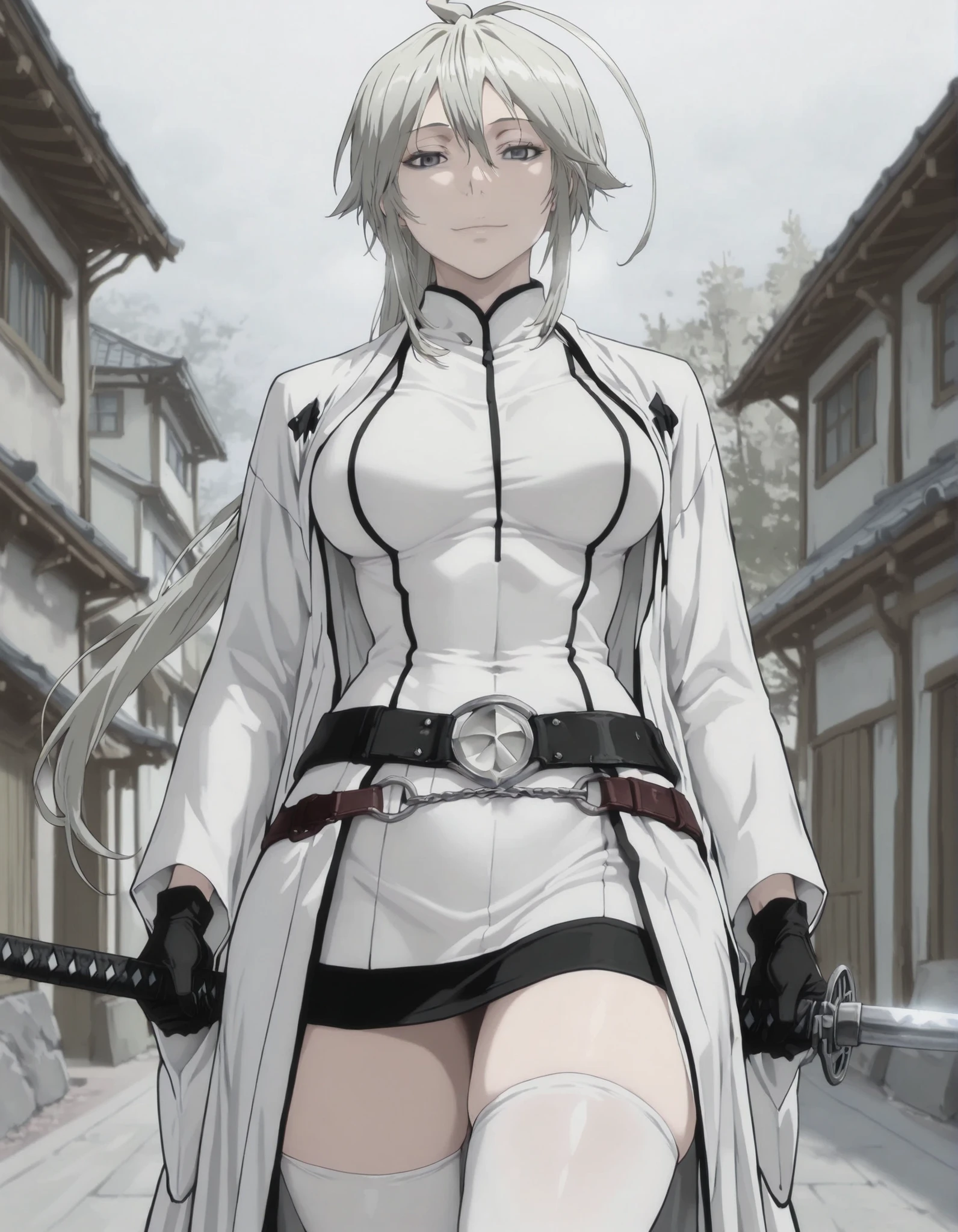 masterpiece, best quality, amazing quality, absurdres, newest, 1girl, solo, mm, mature female, long hair, ponytail, ahoge, grey hair, grey eyes, breasts, japanese clothes, gloves, white thighhighs, belt, kimono, white haori, holding katana, light smile, outdoors, looking at viewer, Arrancar_outfit