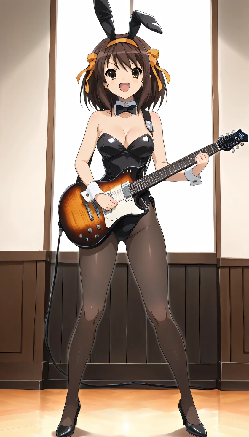 {{{masterpiece}}}, (best quality:1.5), (ultra-detailed:1.5), {illustration}, {{an extremely delicate and beautiful}}, (beautiful detailed eyes:1.6), absurdres, highres, extremely detailed face, 16k, hd, visual anime de uma jovem mulher, extremamente bonito rosto de anime, anime melhor garota, (perfect hands, perfect anatomy), anime face, suzumiya haruhi, 1girl, solo, cute face, haruhi suzumiya, short hair, medium hair, brown hair, hairband, yellow hair ribbon, bangs, sidelocks, brown eyes, medium breasts, big hips, curvaceous, BREAK, {playboy bunny}, rabbit ears, animal ears, fake animal ears, black leotard, cleavage, black butterfly tie, wrist cuffs, detached collar, black pantyhose, black high heels, BREAK, open mouth, smiling, posing, playing a electric guitar, (brown electric guitar:1.2), standing