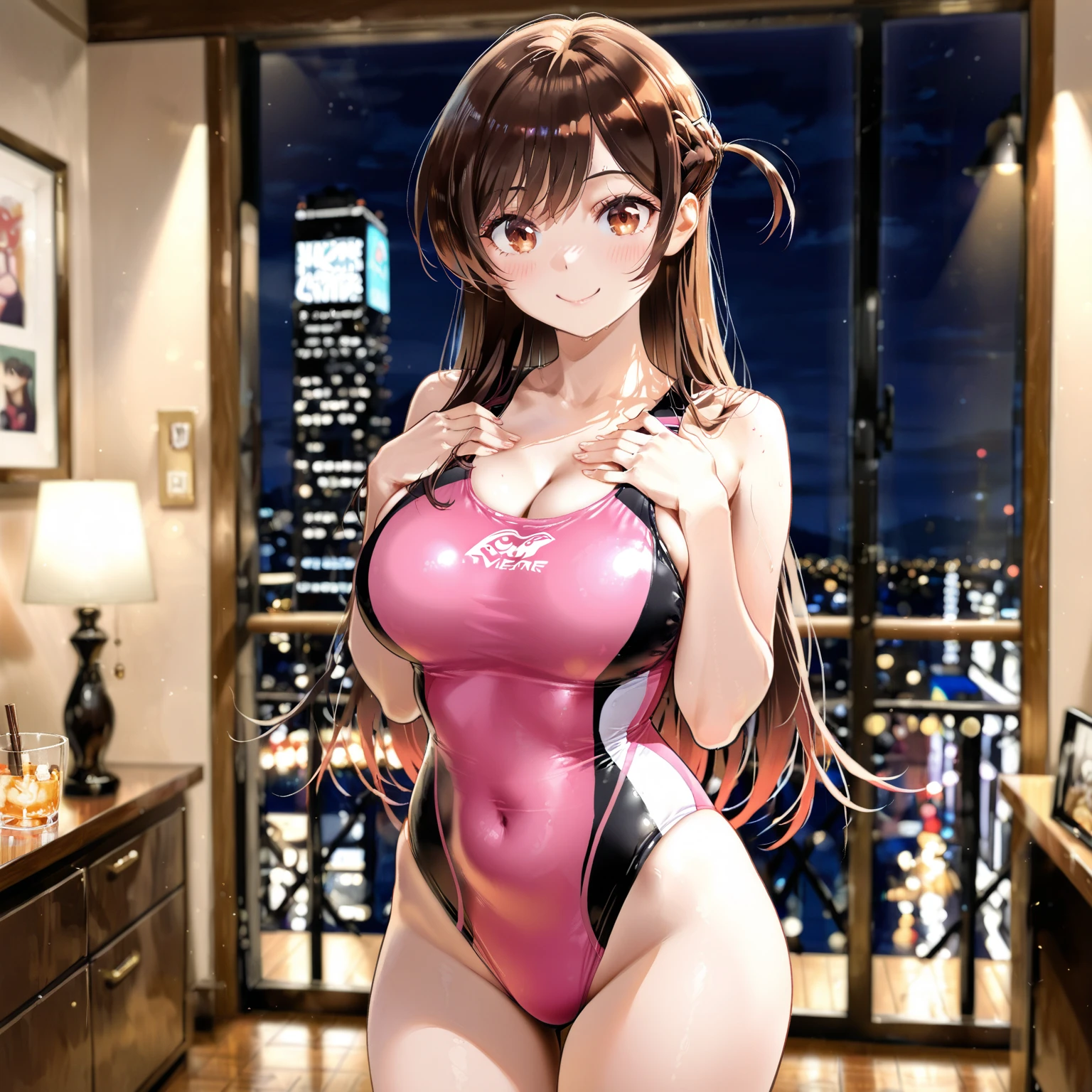 Aerith in white bodysuit, front shot, perfect body, standing outside, Japan, Tokyo Night,  <lora:Aerith-TestVersion:1>