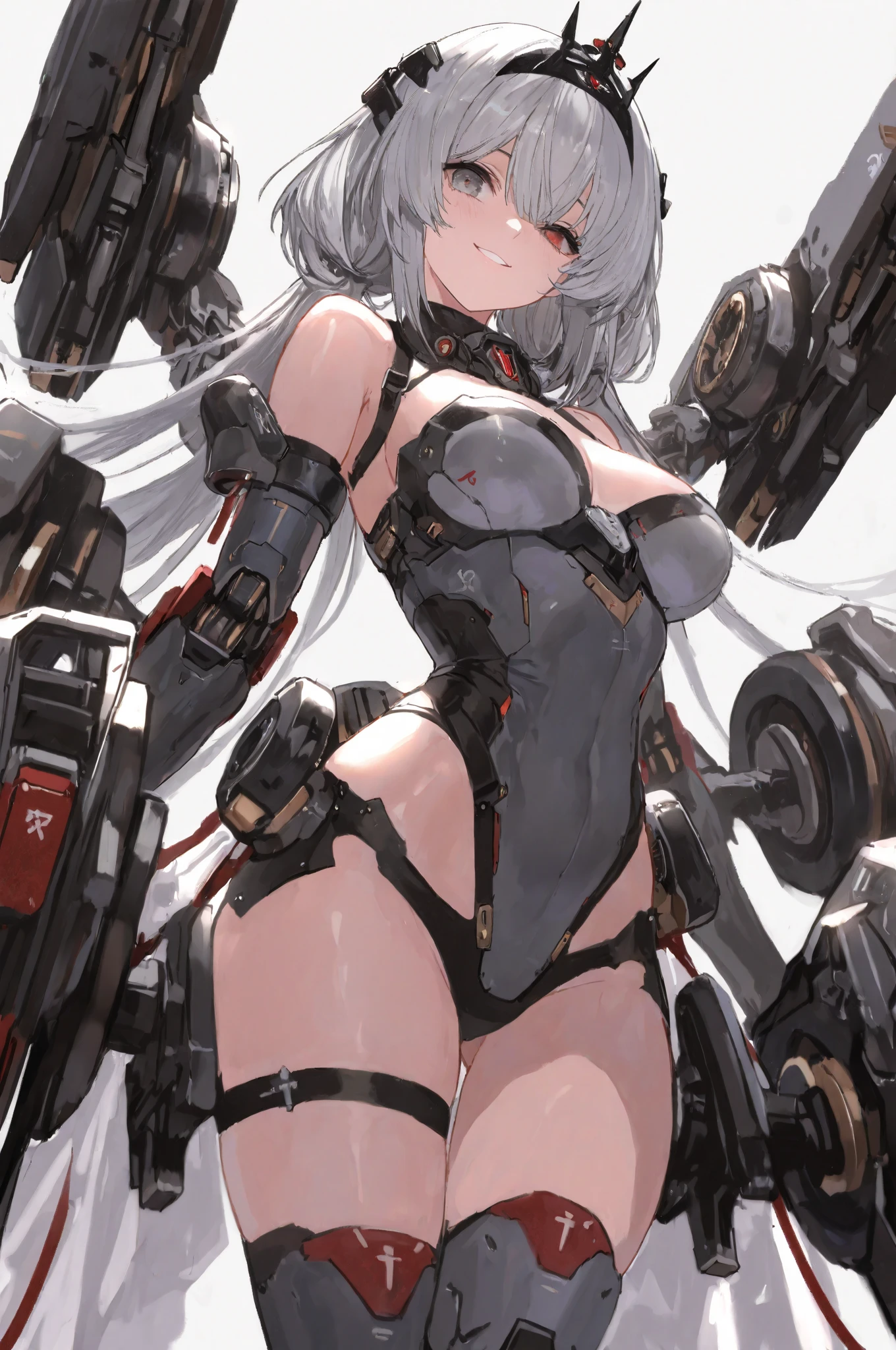 masterpiece,best quality,ultra-detailed, <lora:AMechaSSS[color_theme,mecha musume, mechanical parts,robot joints,headgear]:0.8>,
1girl,solo,large breasts, grey theme,  mecha musume, mechanical parts,robot joints, blush,standing,cowboy shot,  
cat ears,sakamata,  <lora:SakamataMaid:0.75>