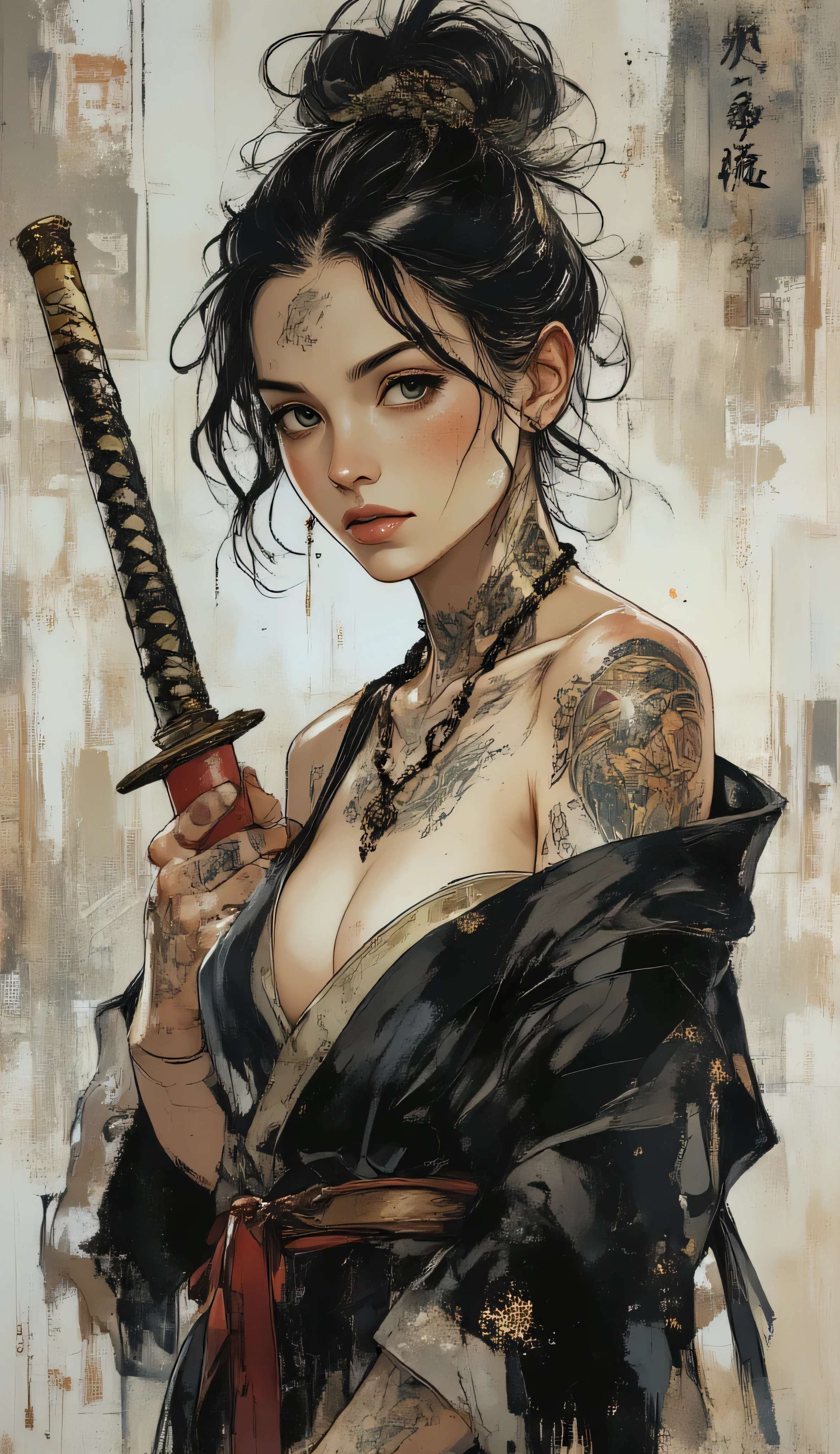 score_9, score_8_up, score_7_up, score_6_up,
fusion of watercolors and oil paintings, mix of monochrome and color, black ink, a sexy woman with a focused expression, holding a katana. Her hair is styled  in a messy bun, and she has light skin with freckles. She is wearing only a dark, revealing ( nsfw) rain-soaked robe, open on the big breast, and her face is partially turned to the side( front view).  The katana has a detailed hilt with a woven pattern in black and gold,  and the blade is sheathed in a red scabbard. The woman has several  tattoos on her arms and neck, including intricate designs and Japanese  characters. The background is blurred, suggesting a rainy setting, with  streaks of rain visible throughout the image, adding a dynamic and  dramatic effect. Clean line art, conveyed through expressive rough charcoal sketch marks on a distressed, old paper texture, with visible deckle edges and subtle tears, coming undone, into black ink, fading into the textured gray background.