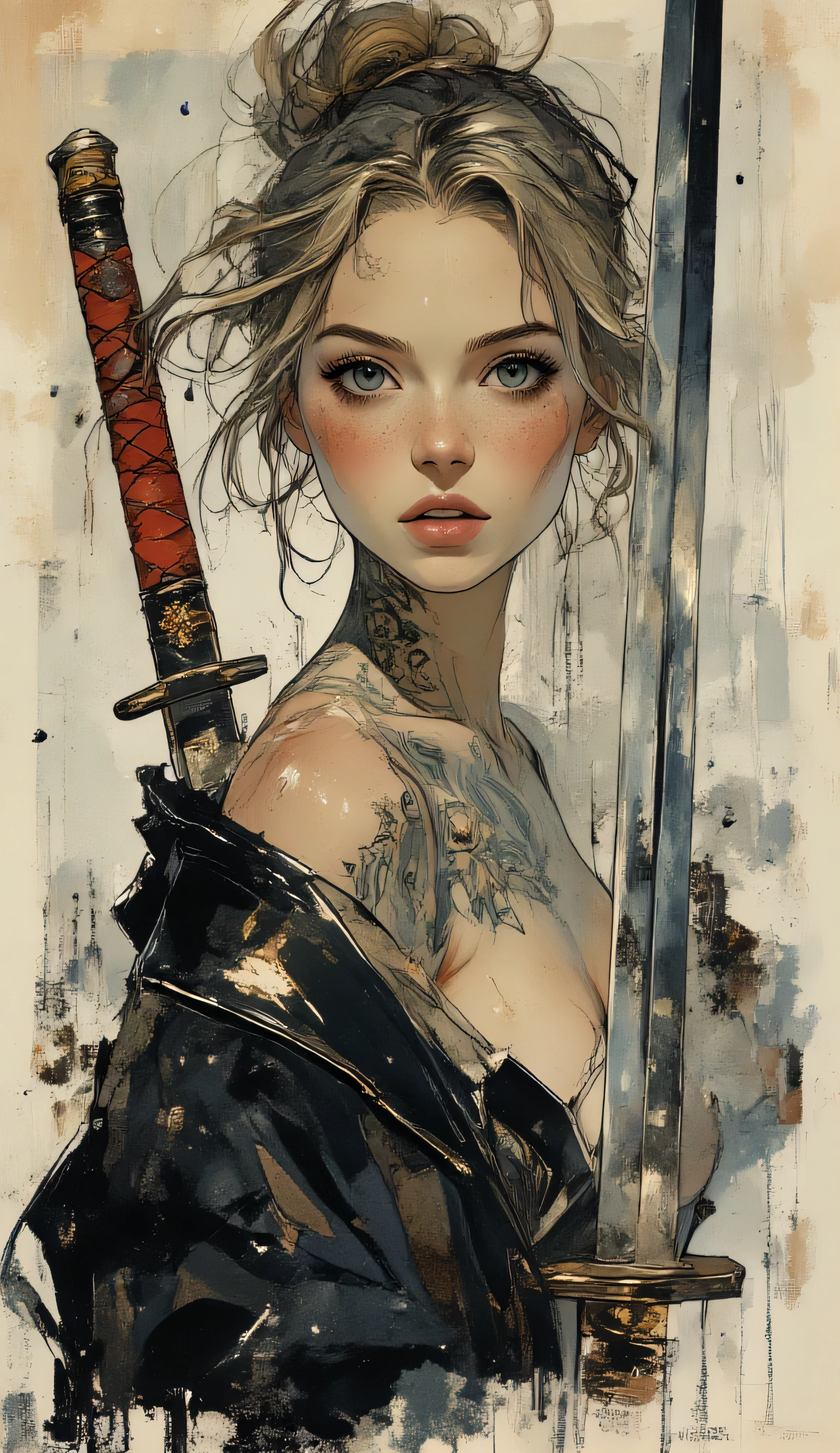 score_9, score_8_up, score_7_up, score_6_up,
fusion of watercolors and oil paintings, mix of monochrome and color, black ink, a sexy woman with a focused expression, holding a katana. Her hair is styled  in a messy bun, and she has light skin with freckles. She is wearing only a dark, revealing ( nsfw) rain-soaked robe, open on the big breast, and her face is partially turned to the side( front view).  The katana has a detailed hilt with a woven pattern in black and gold,  and the blade is sheathed in a red scabbard. The woman has several  tattoos on her arms and neck, including intricate designs and Japanese  characters. The background is blurred, suggesting a rainy setting, with  streaks of rain visible throughout the image, adding a dynamic and  dramatic effect. Clean line art, conveyed through expressive rough charcoal sketch marks on a distressed, old paper texture, with visible deckle edges and subtle tears, coming undone, into black ink, fading into the textured gray background.