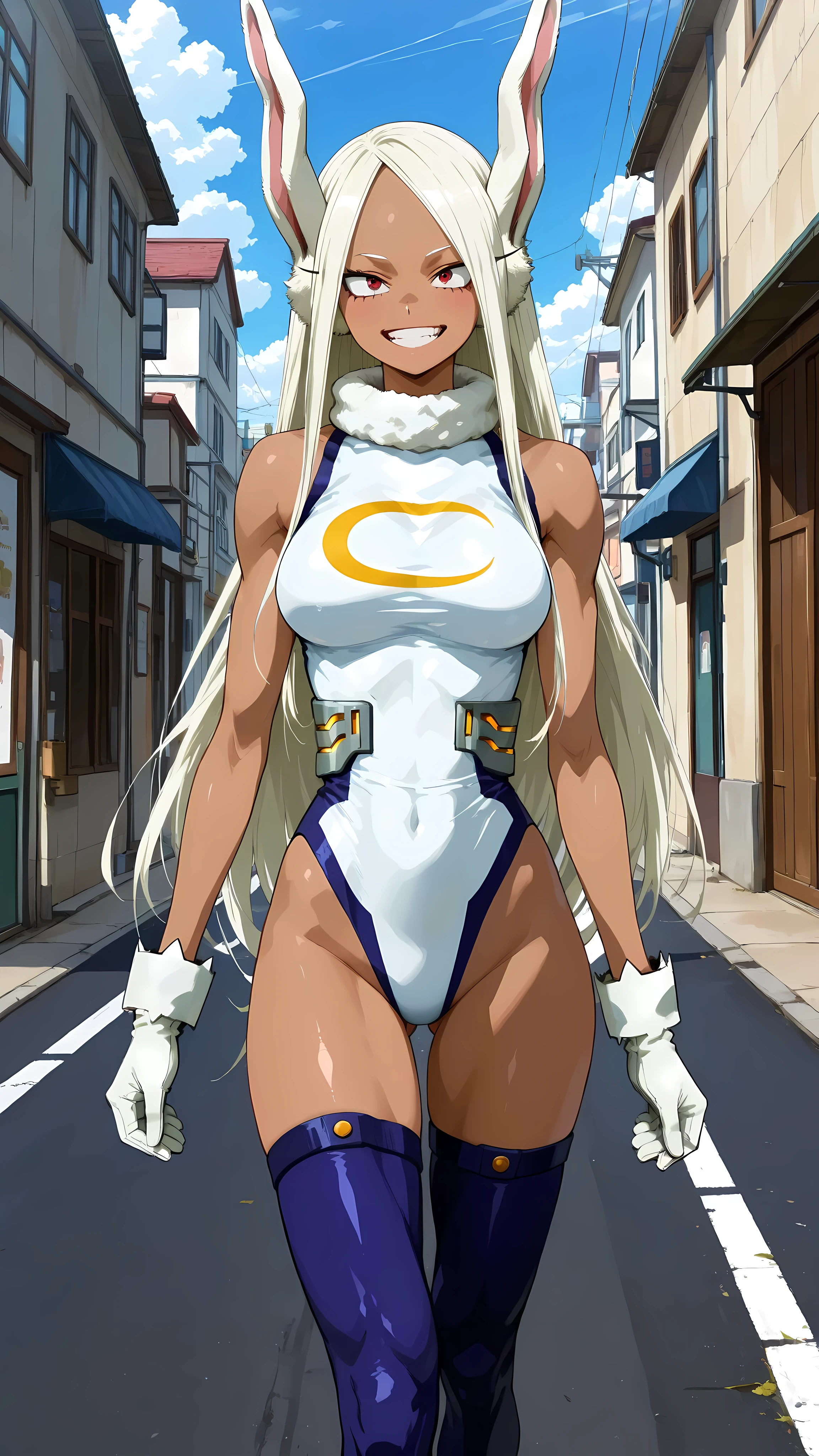 (masterpiece,best quality:1.2,amazing quality,very aesthetic, absurdres, newest), (anime coloring), official style,(mirko,boku no hero academia ),1girl,solo,(ideal ratio body proportions:1.2),(skinny:1.2),medium breasts,white long hair,smile , Hero's costume ,white leotard, thighhighs ,shiny skin, walking,on road,